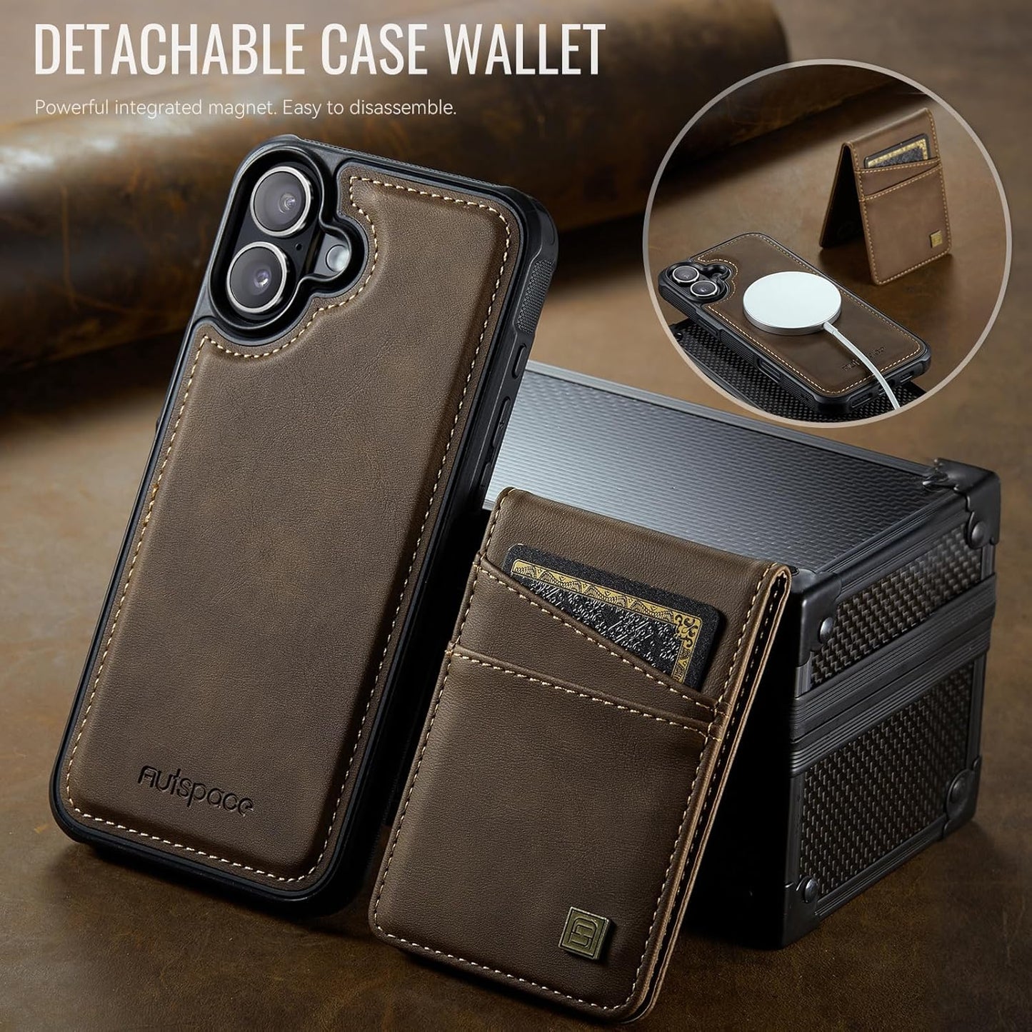 Up and down card holder mobile phone case suitable for iPhone 16 Plus, RFID (anti-theft), supports car magnetic suction function, card slot wallet holder Brown