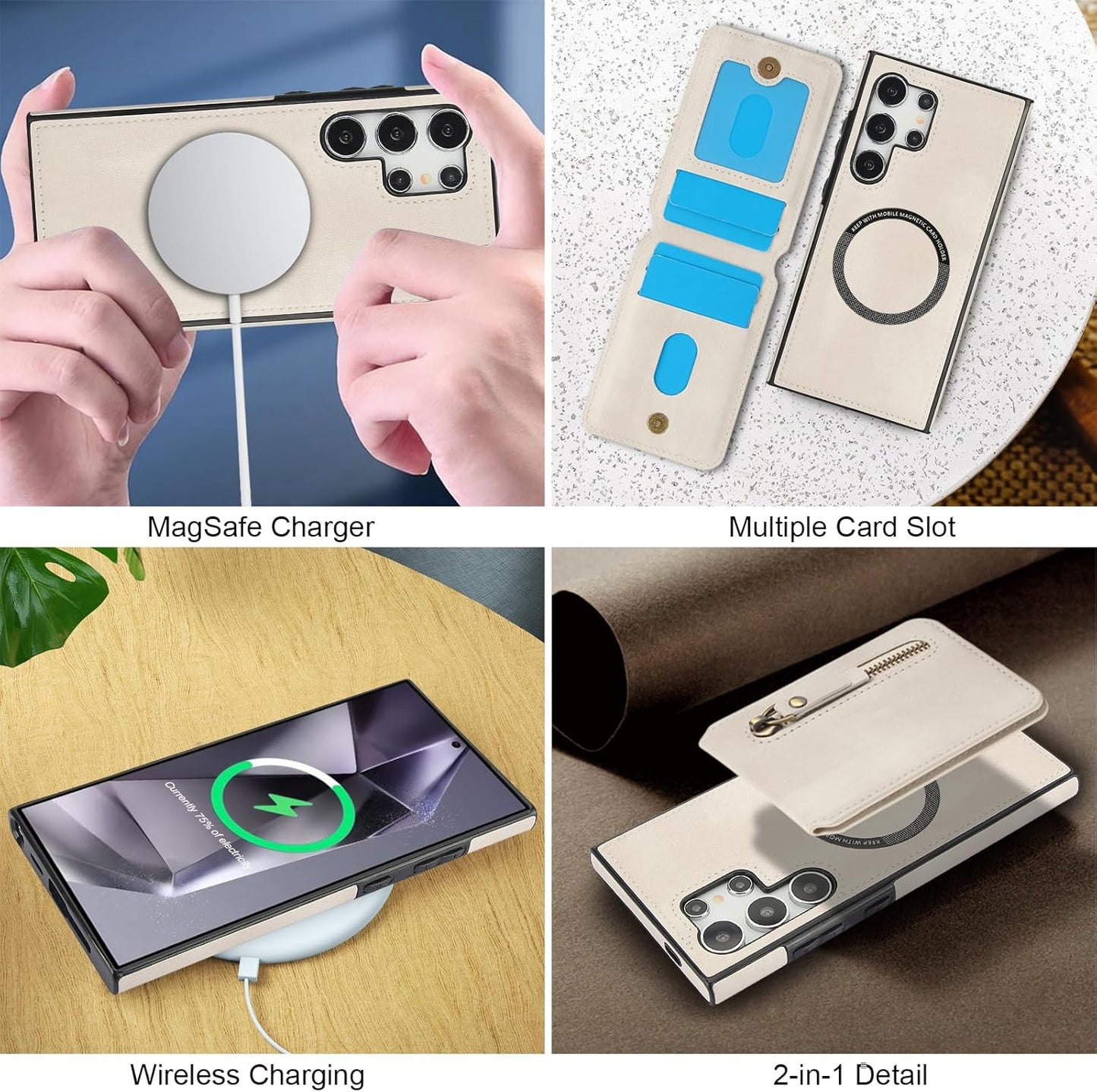 iTape Magnetic Card Holder Phone case Suitable for Samsung Galaxy S24 Ultra, Zipper Magnetic Split Magnetic Wallet with Adjustable Bracket