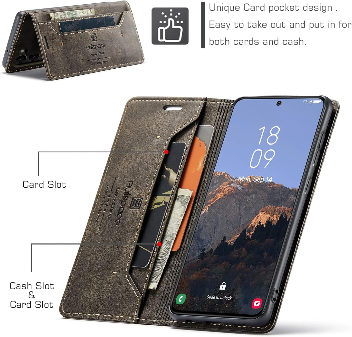 iTape Retro frosted soft leather mobile phone case for Samsung Galaxy S24, RFID (anti-theft swipe), wallet card slot flip cover stand, Green