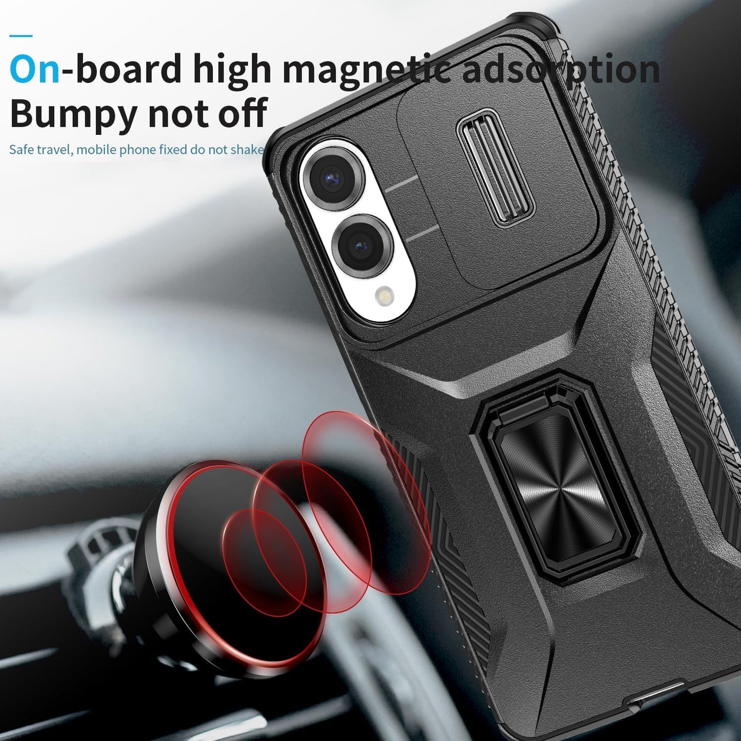 Magnetic car mount 2 in 1 phone case for Samsung Galaxy S25 Edge, double layer shockproof and drop-proof protective case. 360° rotating bracket finger ring buckle push window lens protection