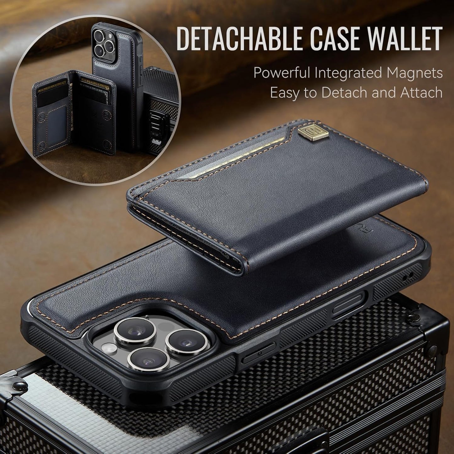 Double magnetic card holder mobile phone case for iPhone 16 Pro, RFID (anti-theft), supports car magnetic suction function + multi-directional bracket Blue