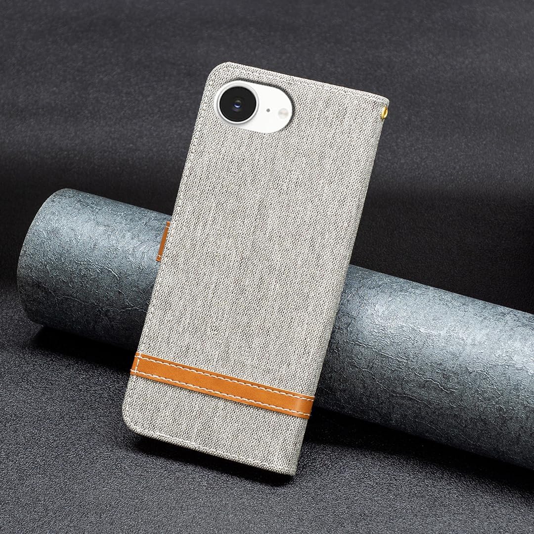 Colorblock Denim Wallet Phone Case for iPhone 16E, Wallet Phone Case Flip Stand, Credit Card Slot Wallet Wrist strap Green