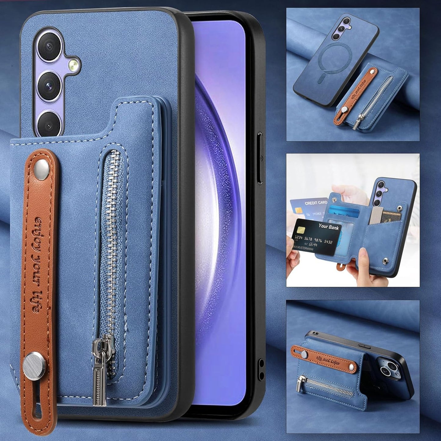 iTape Retro magnetic mobile phone case for Samsung Galaxy S25+, wireless charging magnetic car mount, Card slot, card holder, wrist strap bracket RFID anti-theft card Orange