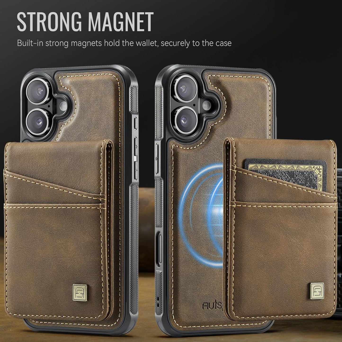 Up and down card holder mobile phone case suitable for iPhone 16 Plus, RFID (anti-theft), supports car magnetic suction function, card slot wallet holder Brown