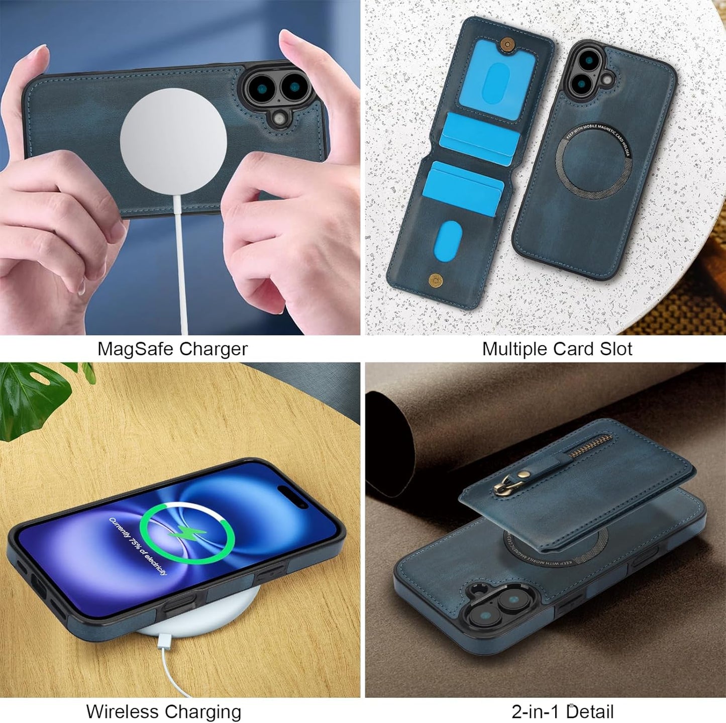 Magnetic card holder phone case suitable for iPhone 16, zipper magnetic split magnetic wallet with adjustable bracket Red