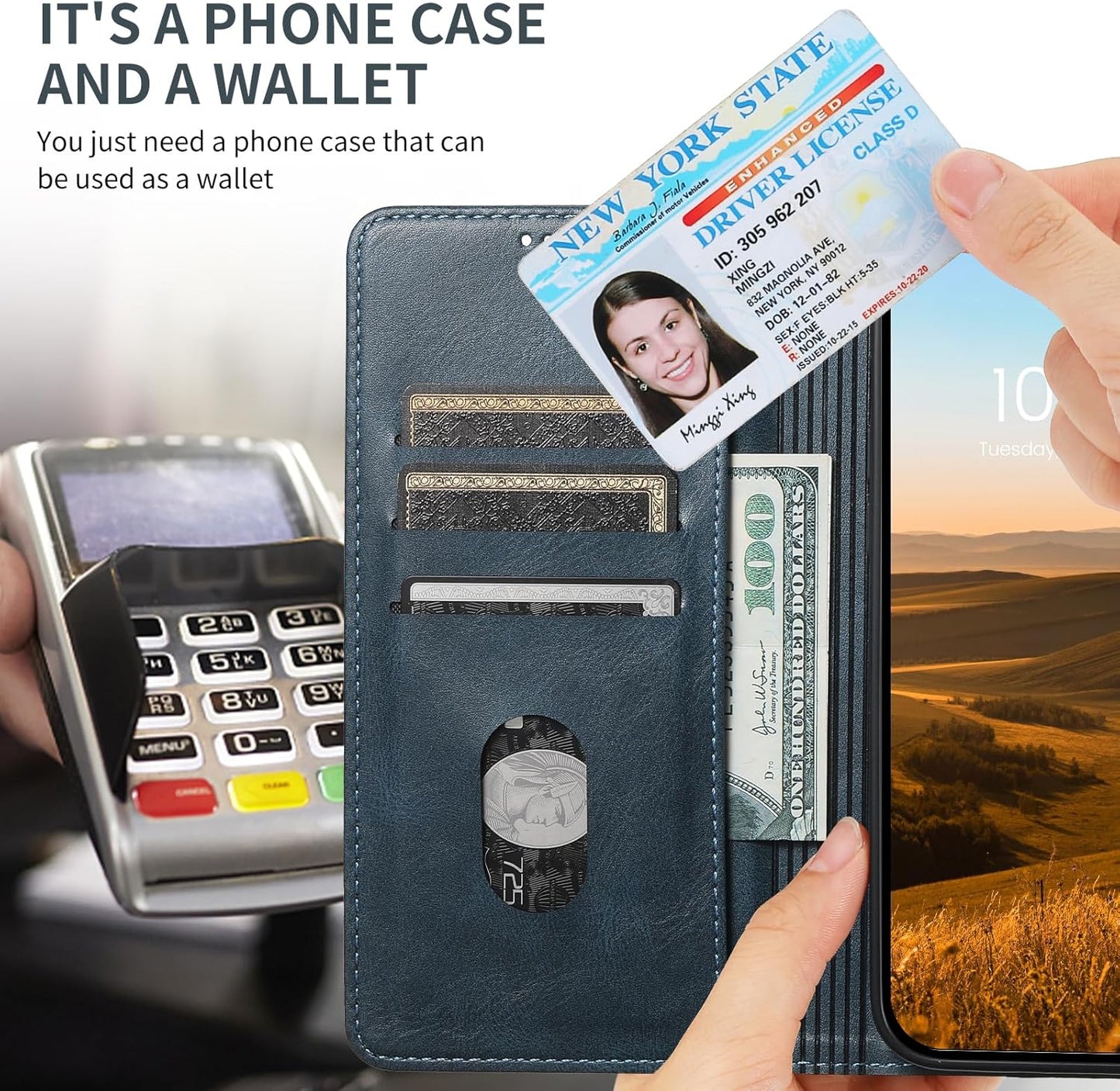 Wallet case for iPhone 13 Pro max, magnetic closure leather case, leather flip folio case holds up shockproof phone case Blue