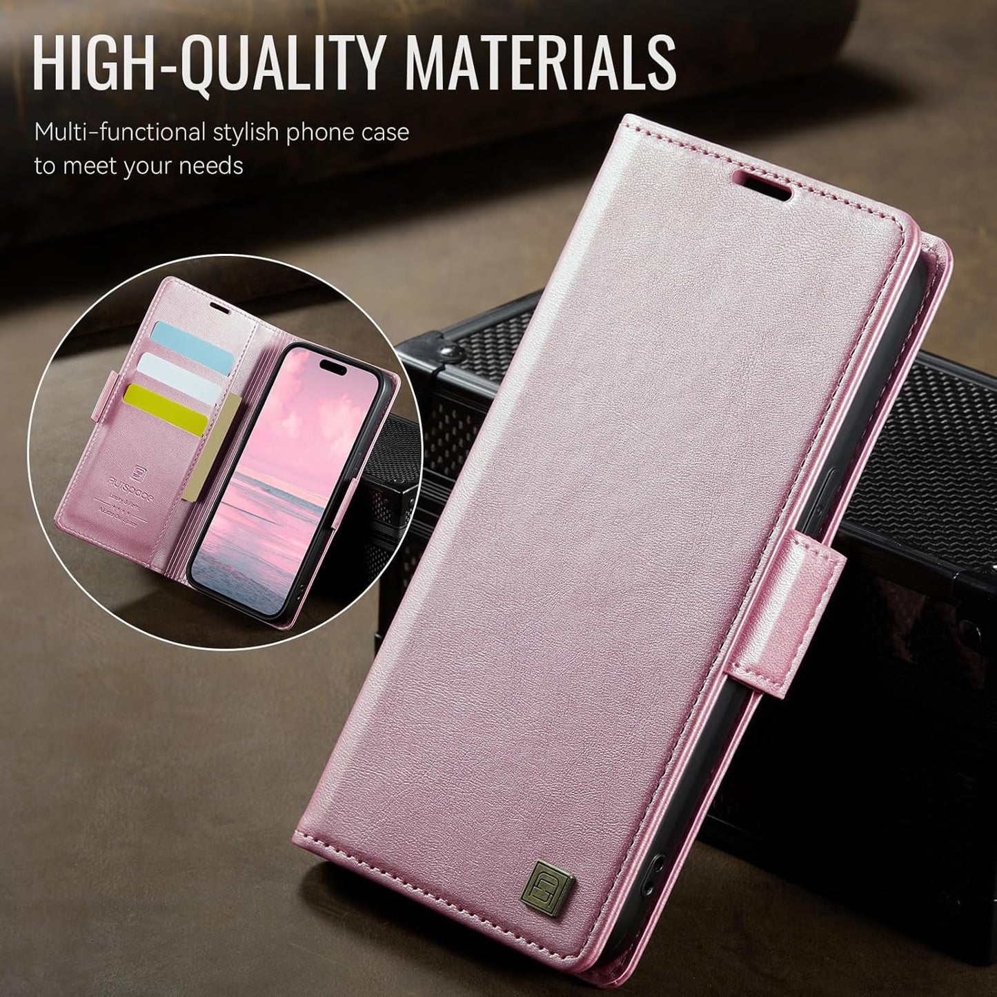 Soft leather wallet case for iPhone 15 Pro max, RFID (anti-theft), wallet card slot flip cover stand for iPhone 15 Pro max Support wireless charging Rose Gold