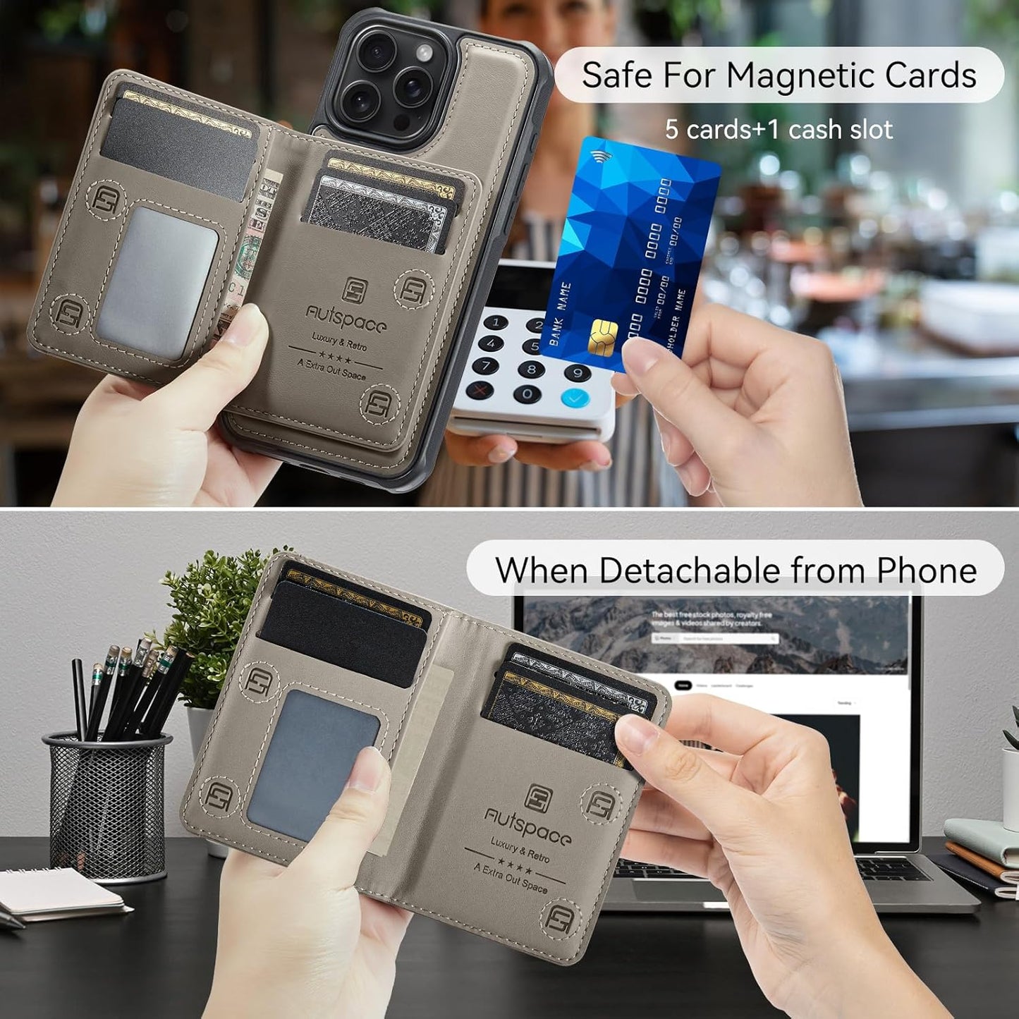 Double magnetic card holder mobile phone case for iPhone 16 Pro, RFID (anti-theft), supports car magnetic suction function + multi-directional bracket Blue