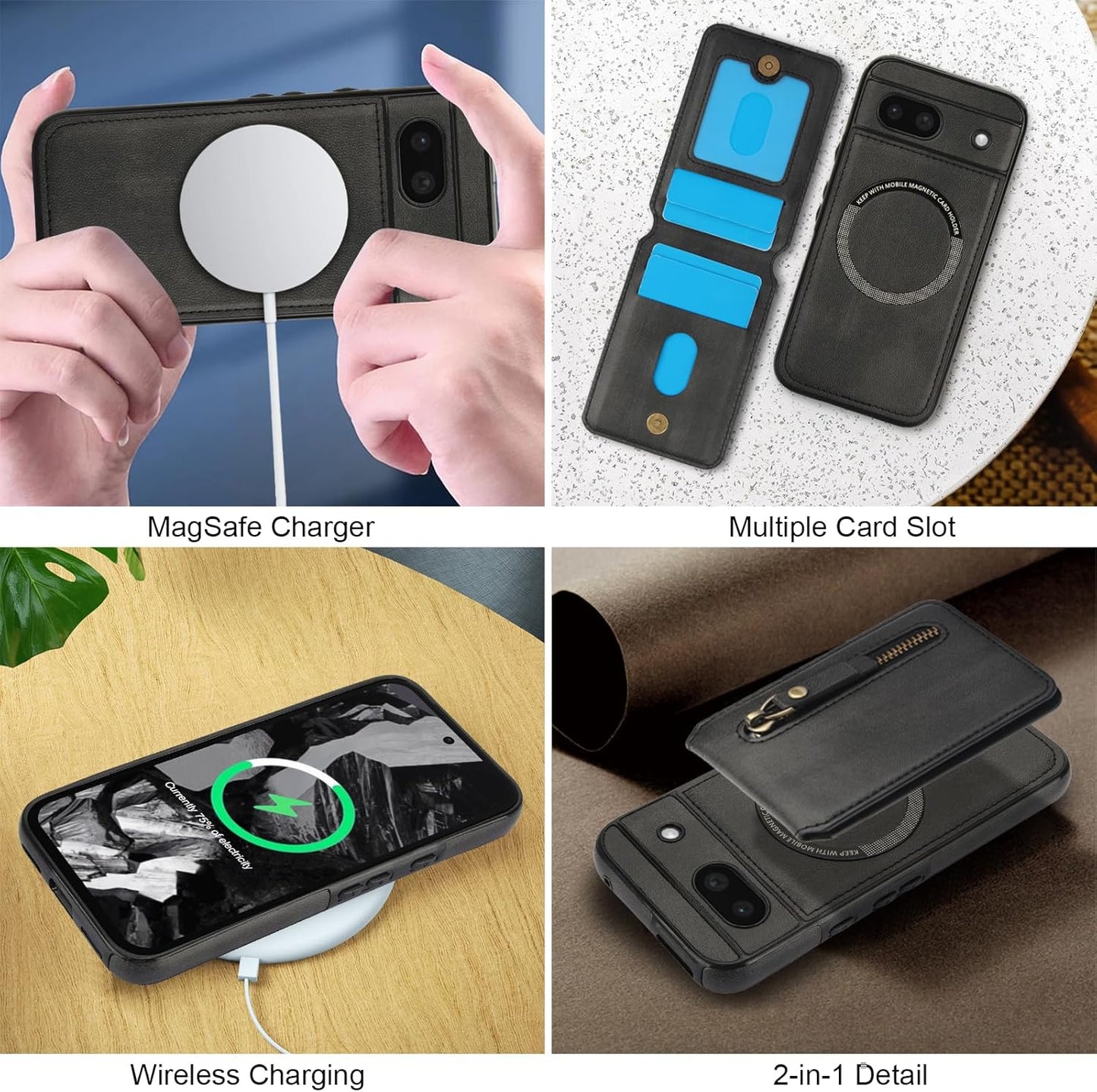 iTape Magnetic card holder phone case suitable for Google Pixel 8A, zipper magnetic split magnetic wallet with adjustable bracket Black