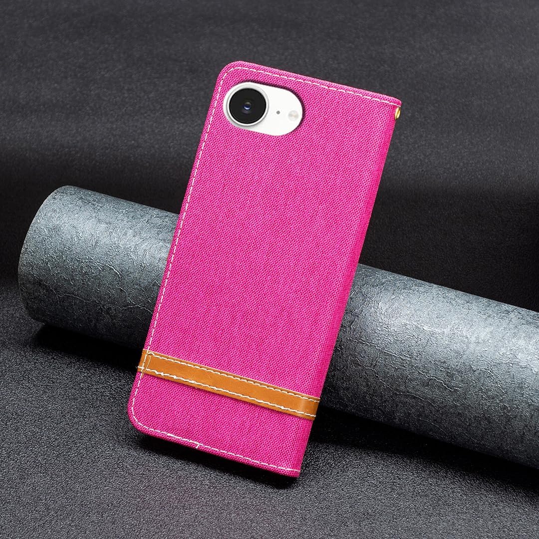 Colorblock Denim Wallet Phone Case for iPhone 16E, Wallet Phone Case Flip Stand, Credit Card Slot Wallet Wrist strap Green