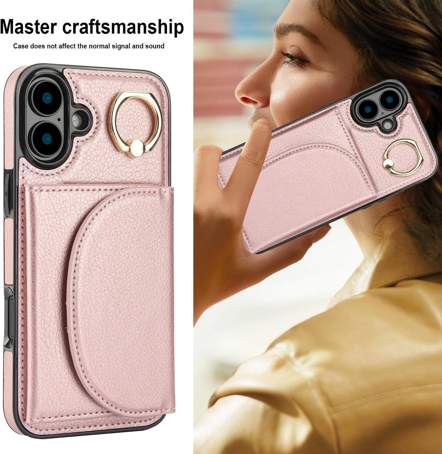 Tri-fold wallet case for iPhone 16 Plus, 360° rotating ring buckle stand, shockproof phone case coin purse card holder Black