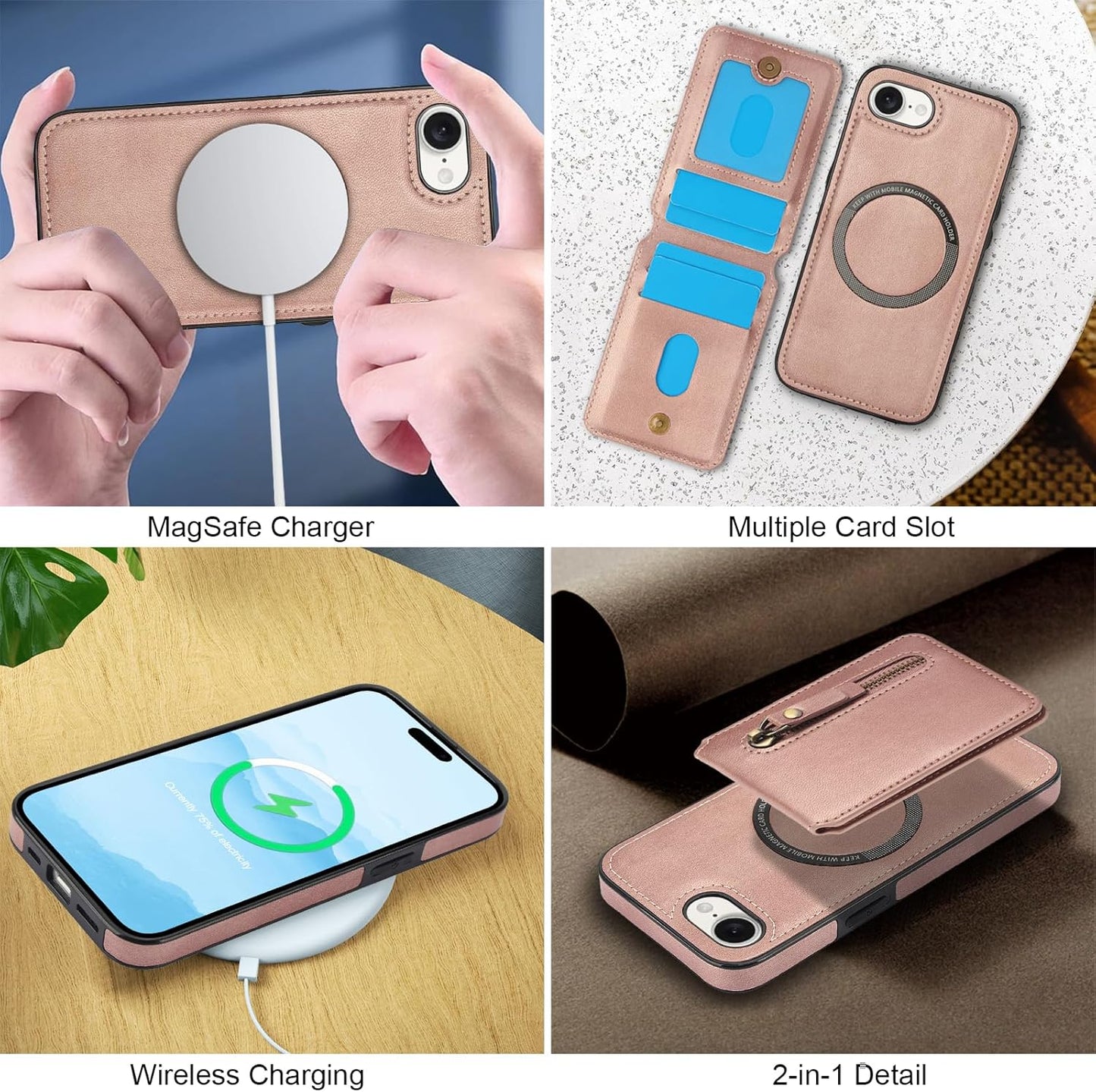 Magnetic card holder phone case suitable for iPhone 16E, zipper magnetic split magnetic wallet with adjustable bracket