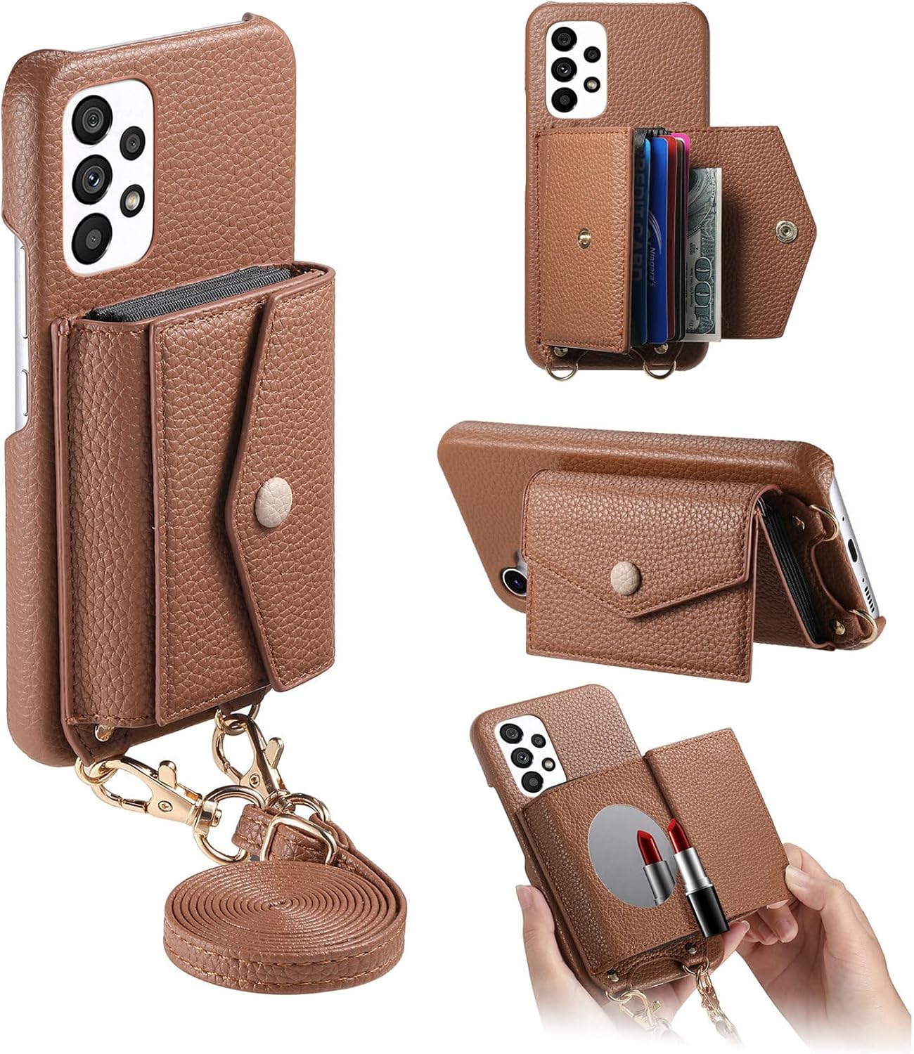 iTape Card Holder Wallet Phone Case for Samsung Galaxy A53 5G, Shockproof Ultra-thin Phone Case, Makeup Mirror with Crossbody Strap Gray