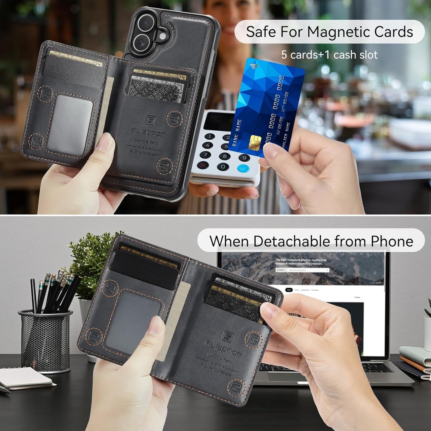 Double magnetic card holder mobile phone case for iPhone 16, RFID (anti-theft), supports car magnetic suction function + multi-directional bracket Blue