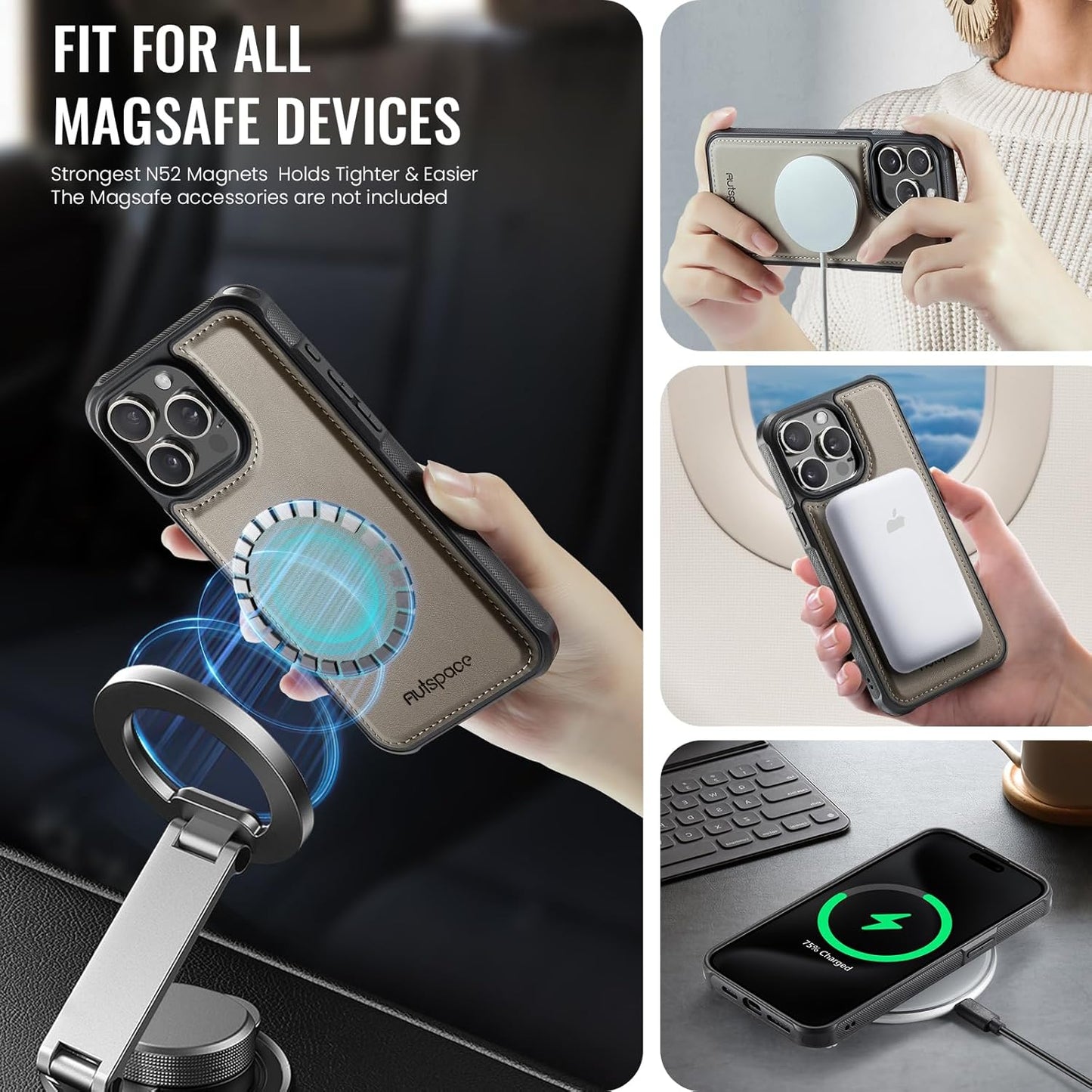 Double magnetic card holder mobile phone case for iPhone 14 Pro max, RFID (anti-theft), supports car magnetic suction function + multi-directional bracket Gray