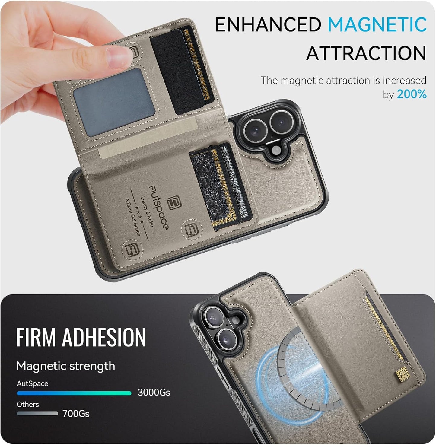 Double magnetic card holder mobile phone case for iPhone 16, RFID (anti-theft), supports car magnetic suction function + multi-directional bracket Blue