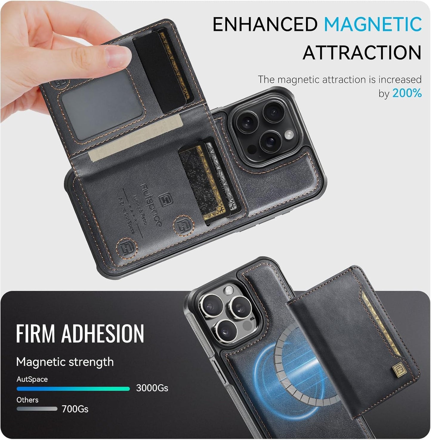 Double magnetic card holder mobile phone case for iPhone 14 Pro max, RFID (anti-theft), supports car magnetic suction function + multi-directional bracket Gray