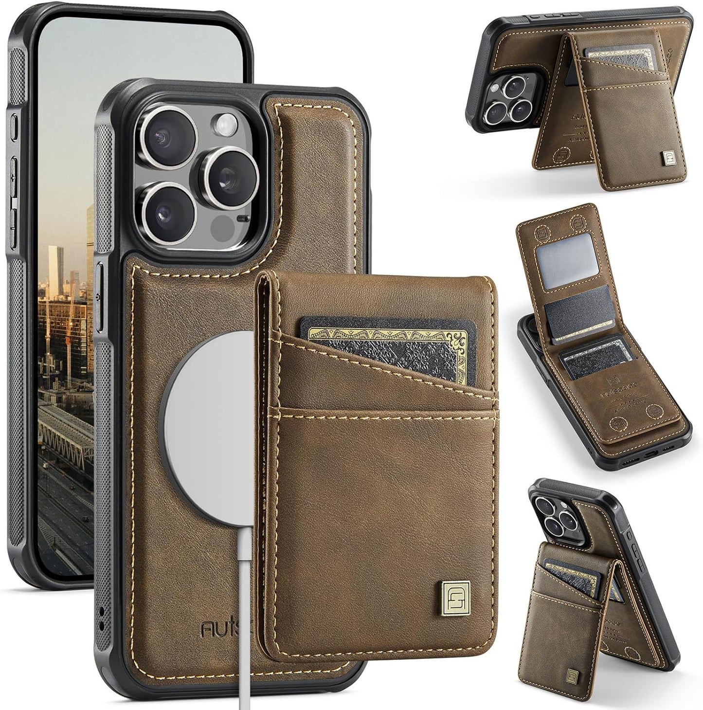 Up and down card holder mobile phone case suitable for iPhone 15 Pro max, RFID (anti-theft), supports car magnetic suction function, card slot wallet holder Black