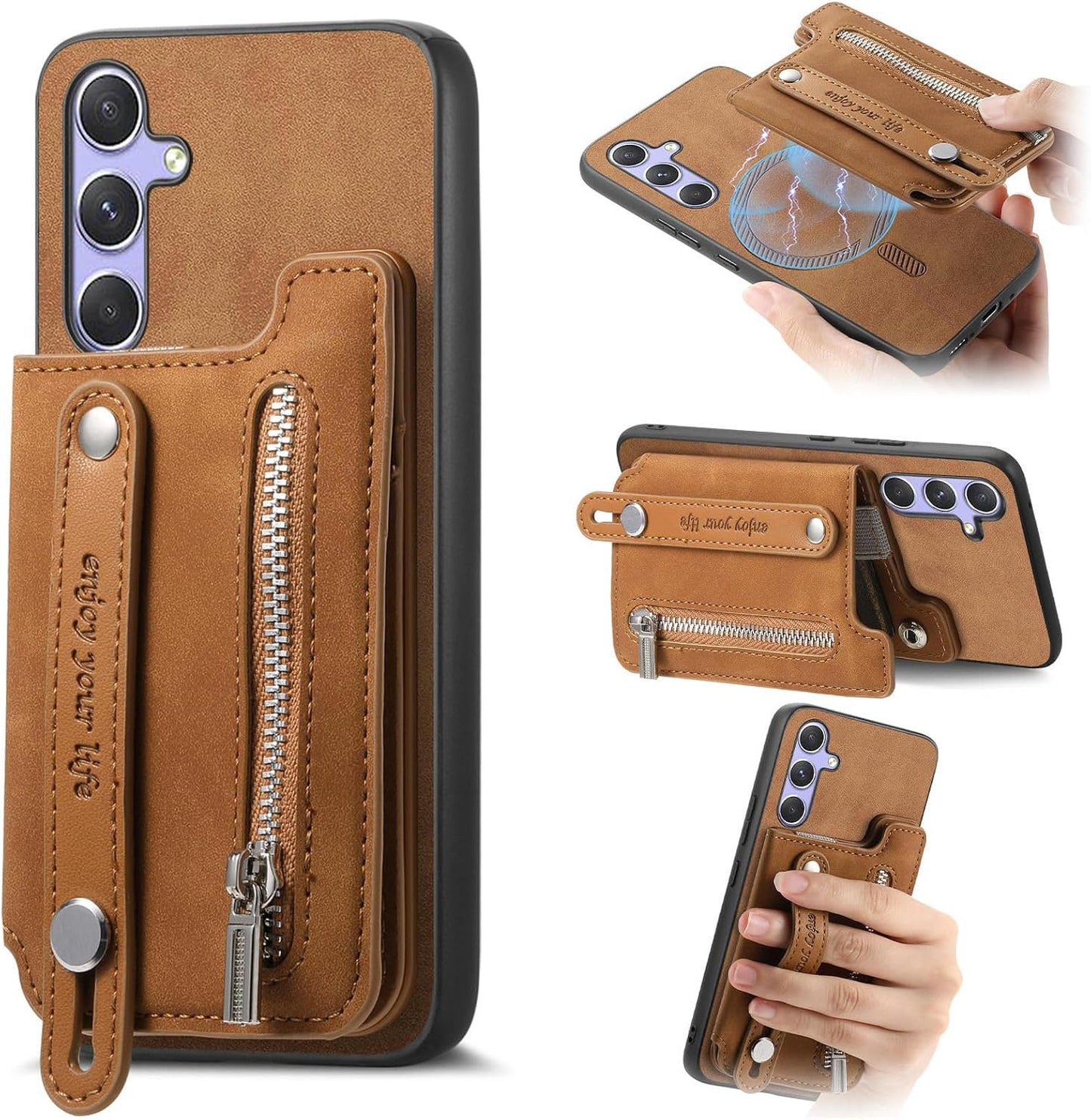 iTape Retro magnetic mobile phone case for Samsung Galaxy S25+, wireless charging magnetic car mount, Card slot, card holder, wrist strap bracket RFID anti-theft card Orange