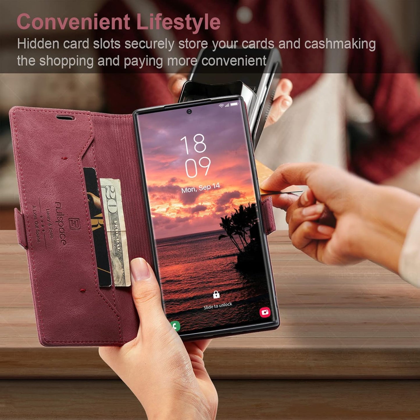 iTape Retro frosted soft leather mobile phone case for Samsung Galaxy S24 Ultra, RFID (anti-theft swipe), wallet card slot flip cover stand, Black