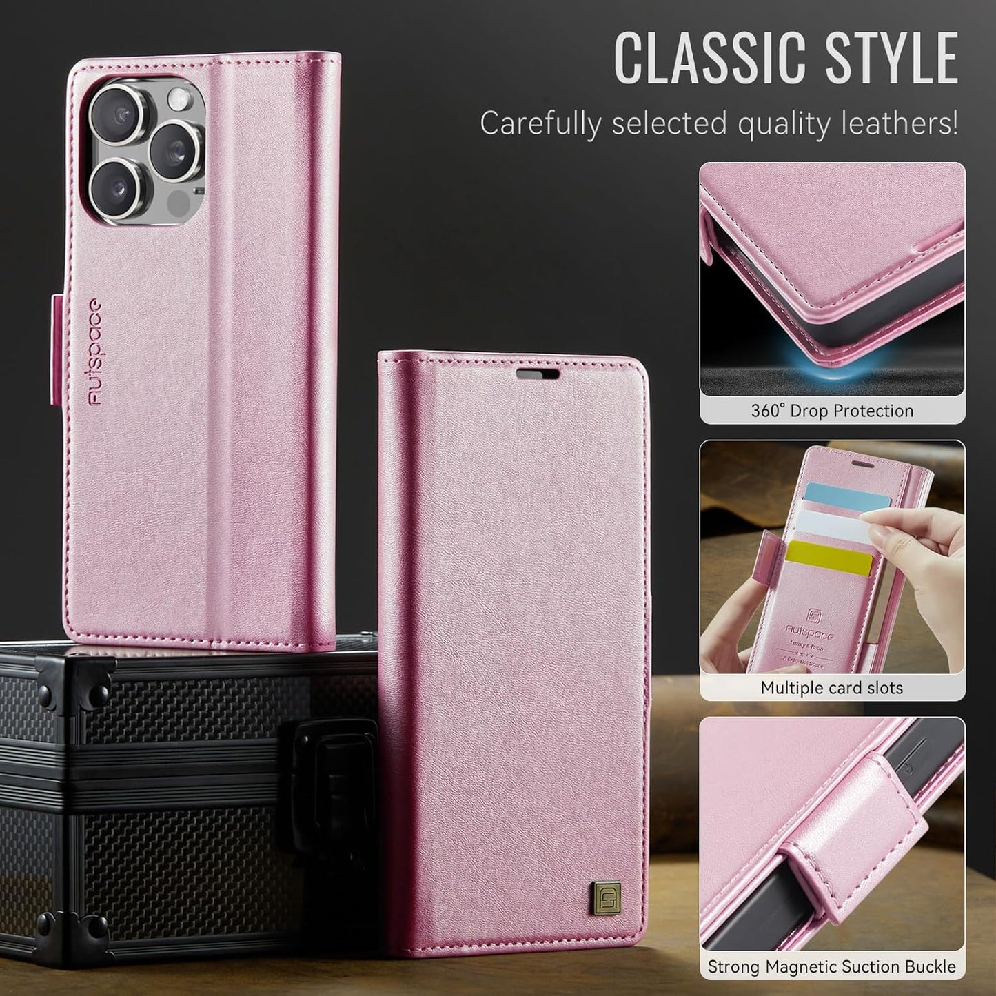 Soft leather wallet case for iPhone 15 Pro max, RFID (anti-theft), wallet card slot flip cover stand for iPhone 15 Pro max Support wireless charging Rose Gold