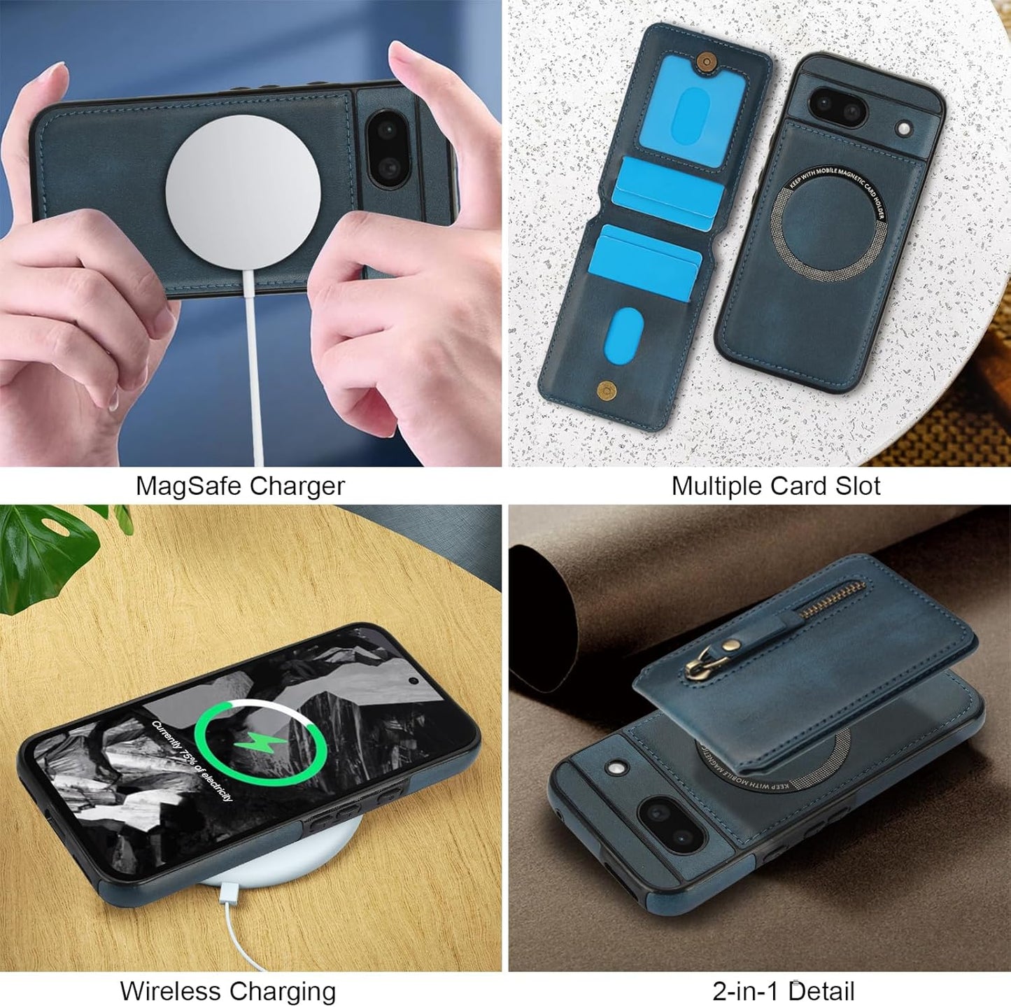 iTape Magnetic card holder phone case suitable for Google Pixel 8A, zipper magnetic split magnetic wallet with adjustable bracket Black