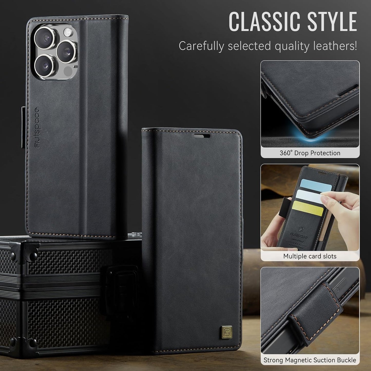 Soft leather wallet case for iPhone 16 Pro max, RFID (anti-theft), wallet card slot flip cover stand for iPhone 16 Pro max Support wireless charging Brown