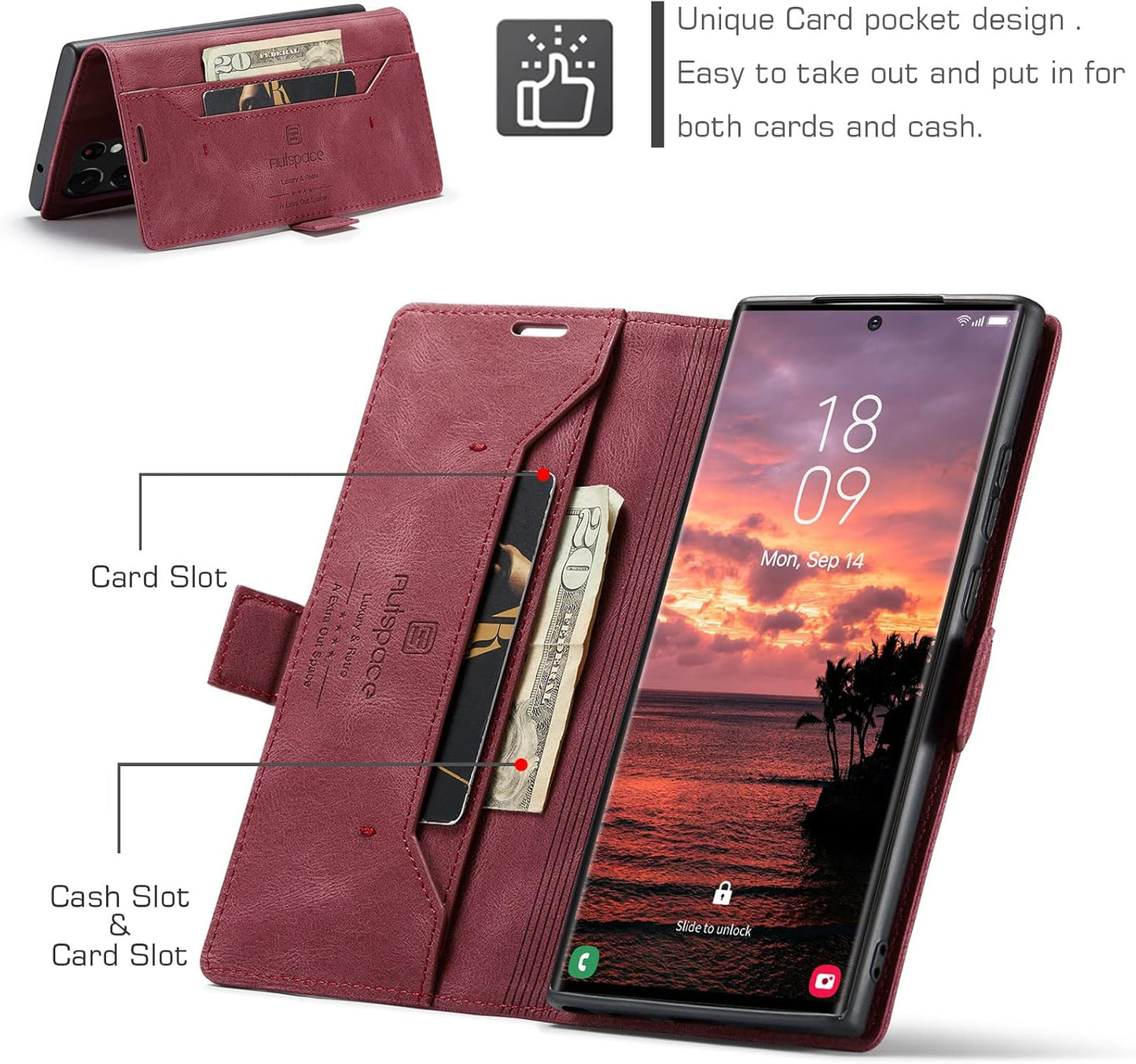iTape Retro frosted soft leather mobile phone case for Samsung Galaxy S24 Ultra, RFID (anti-theft swipe), wallet card slot flip cover stand, Black