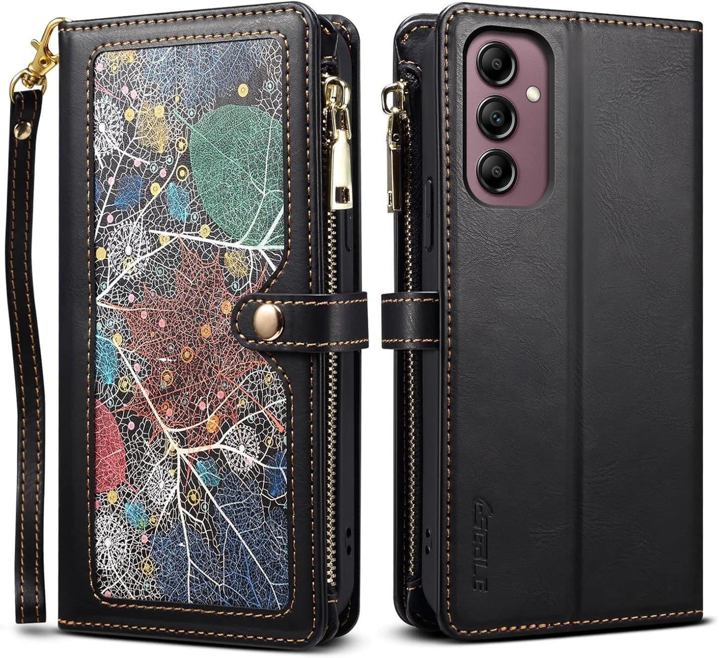 iTape Wallet case for Samsung Galaxy A55-5G, card slot photo frame flip stand phone protective case (RFID anti-theft brush) with wrist strap, cross-body strap Black