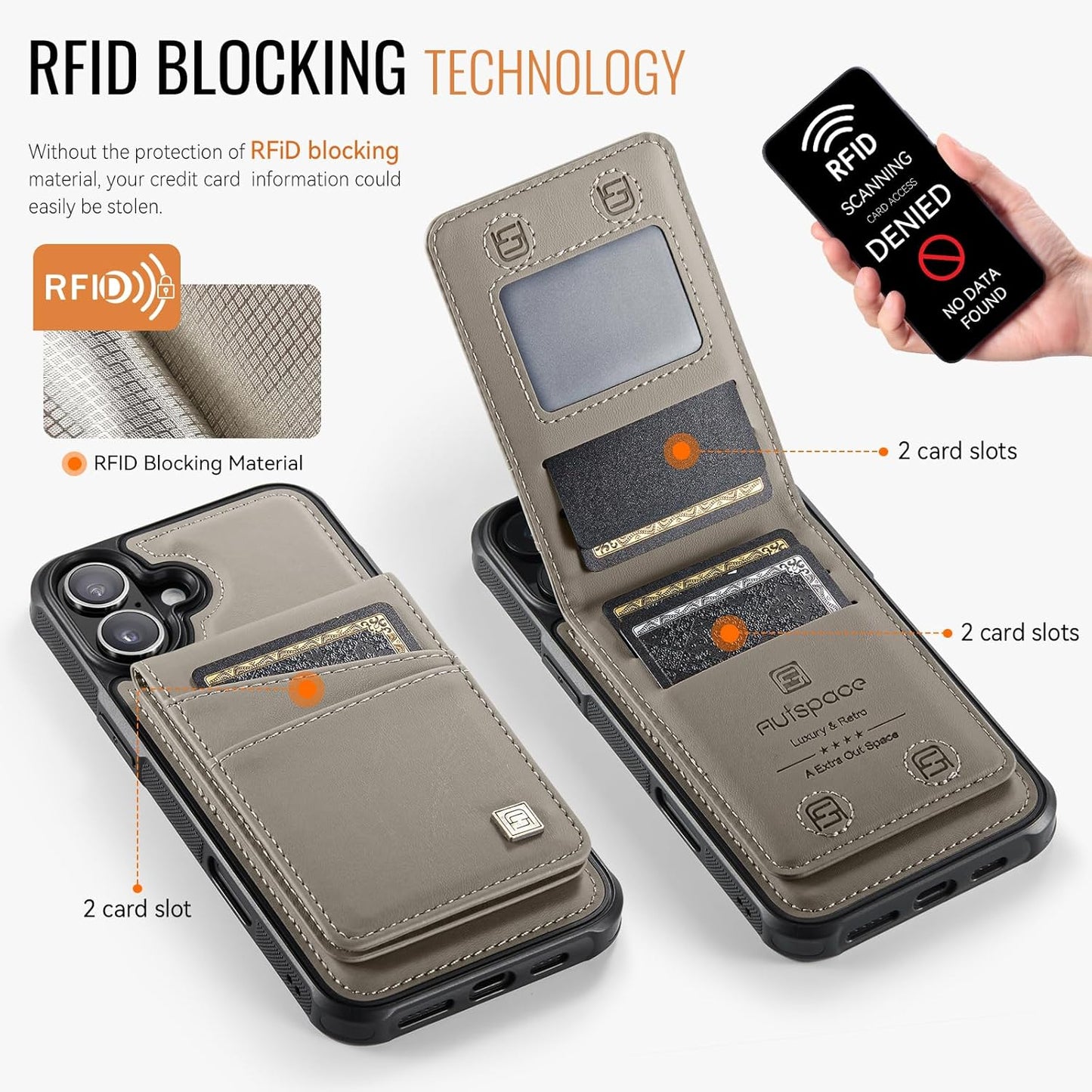 Up and down card holder mobile phone case suitable for iPhone 16 Plus, RFID (anti-theft), supports car magnetic suction function, card slot wallet holder Brown