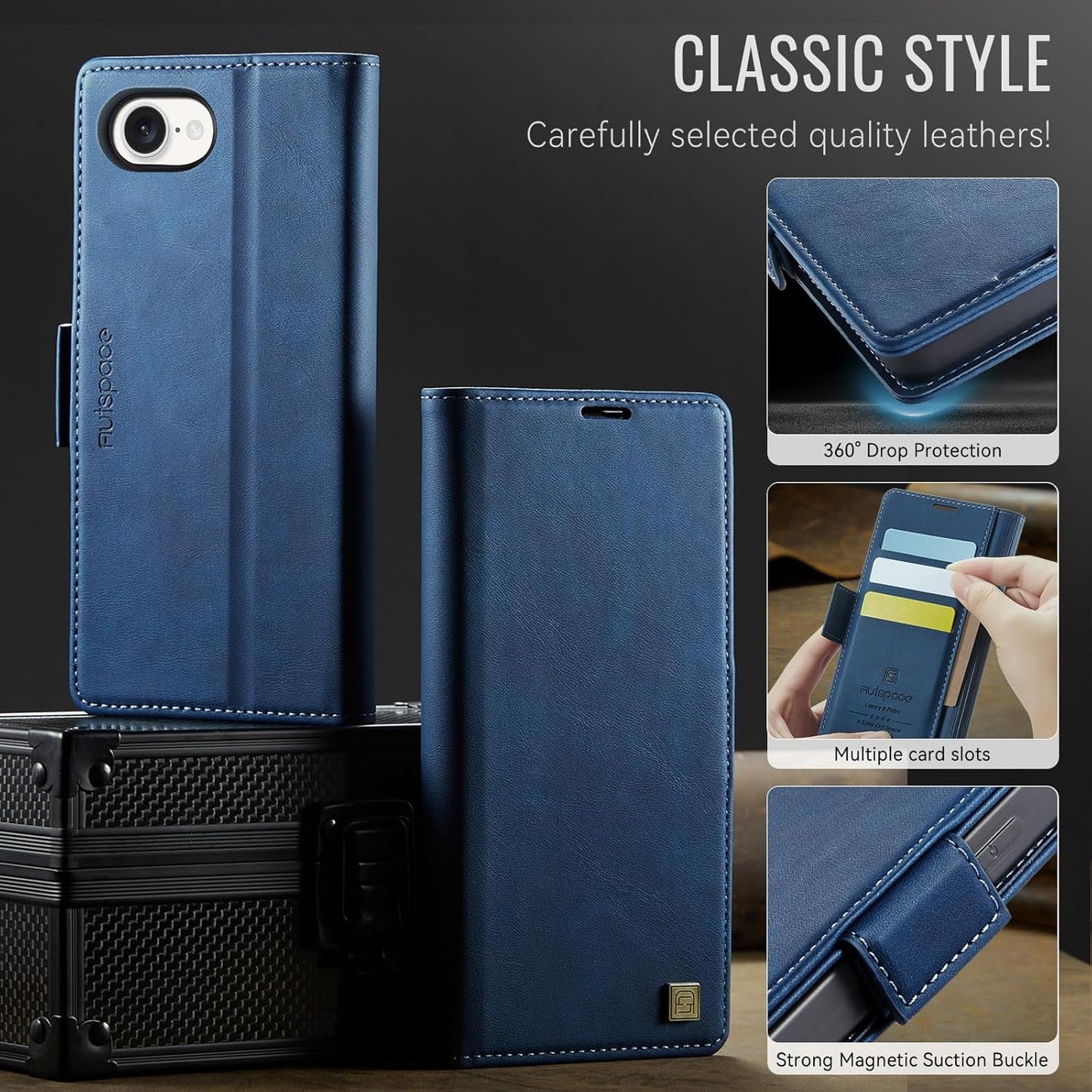 Soft leather wallet case for iPhone 16E, RFID (anti-theft), wallet card slot flip cover stand for iPhone 16E Support wireless charging Gray