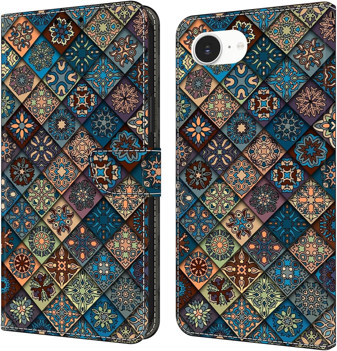 Graffiti wallet phone case for iPhone 16E, shockproof phone case, card slot wallet, flip stand phone case Mandala animal feather pattern