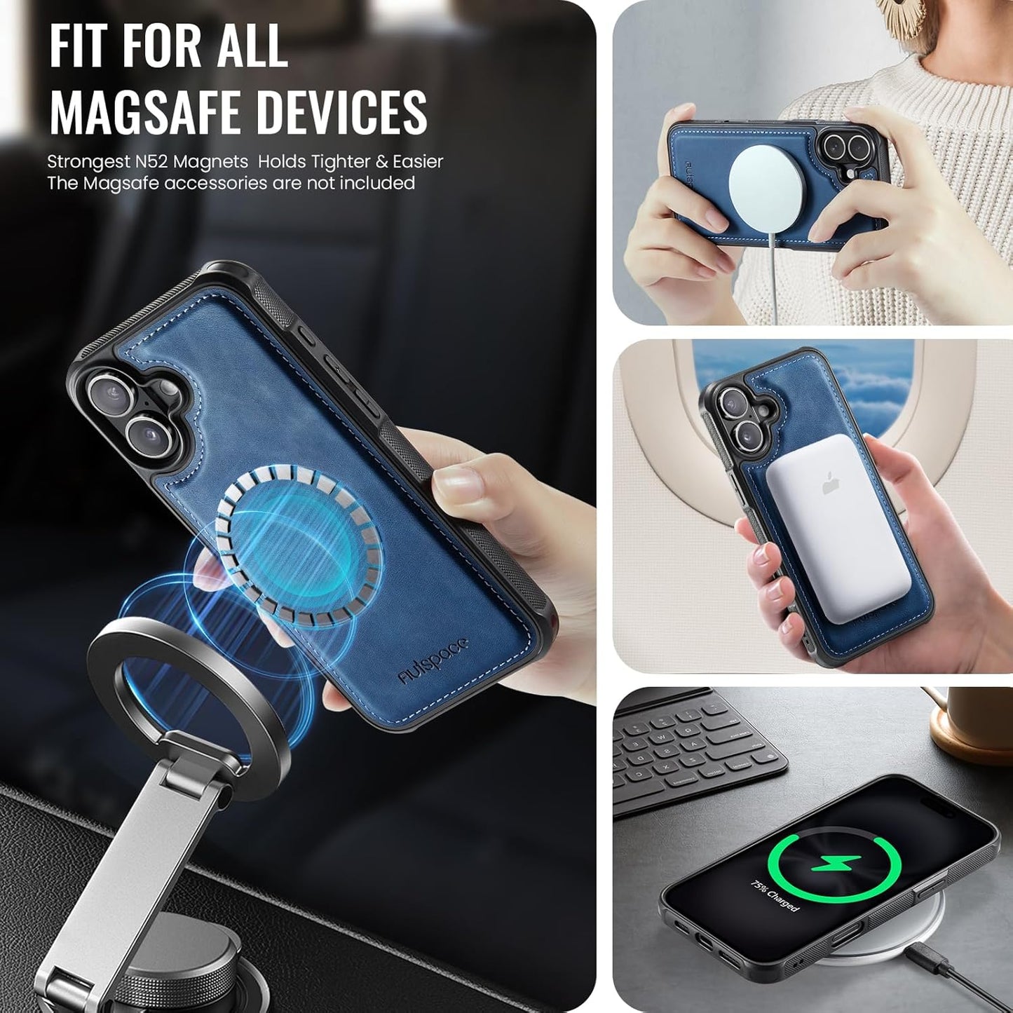 Double magnetic card holder mobile phone case for iPhone 16, RFID (anti-theft), supports car magnetic suction function + multi-directional bracket Blue