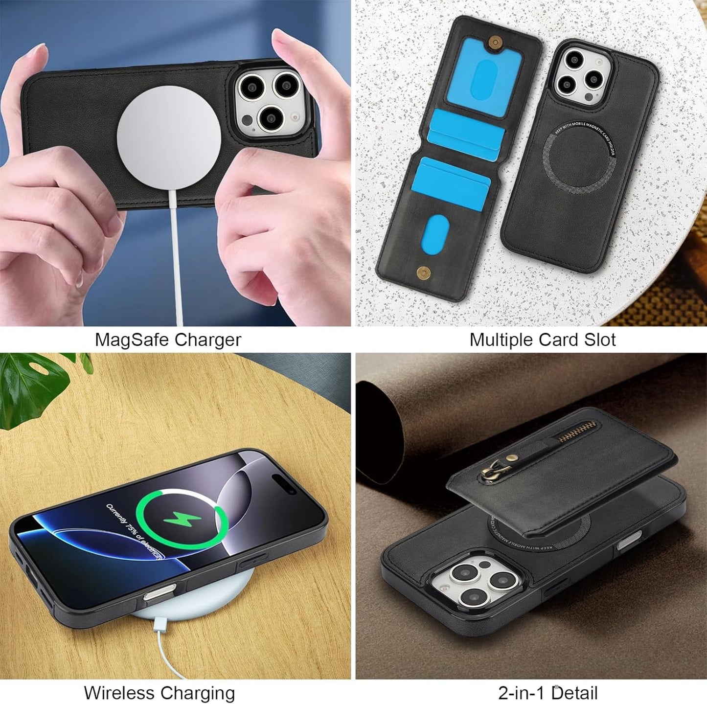 Magnetic card holder phone case suitable for iPhone 16 Pro, zipper magnetic split magnetic wallet with adjustable bracket Brown