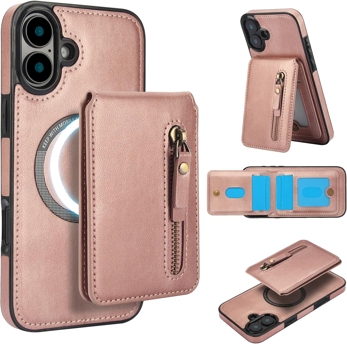 Magnetic card holder phone case suitable for iPhone 16, zipper magnetic split magnetic wallet with adjustable bracket Red