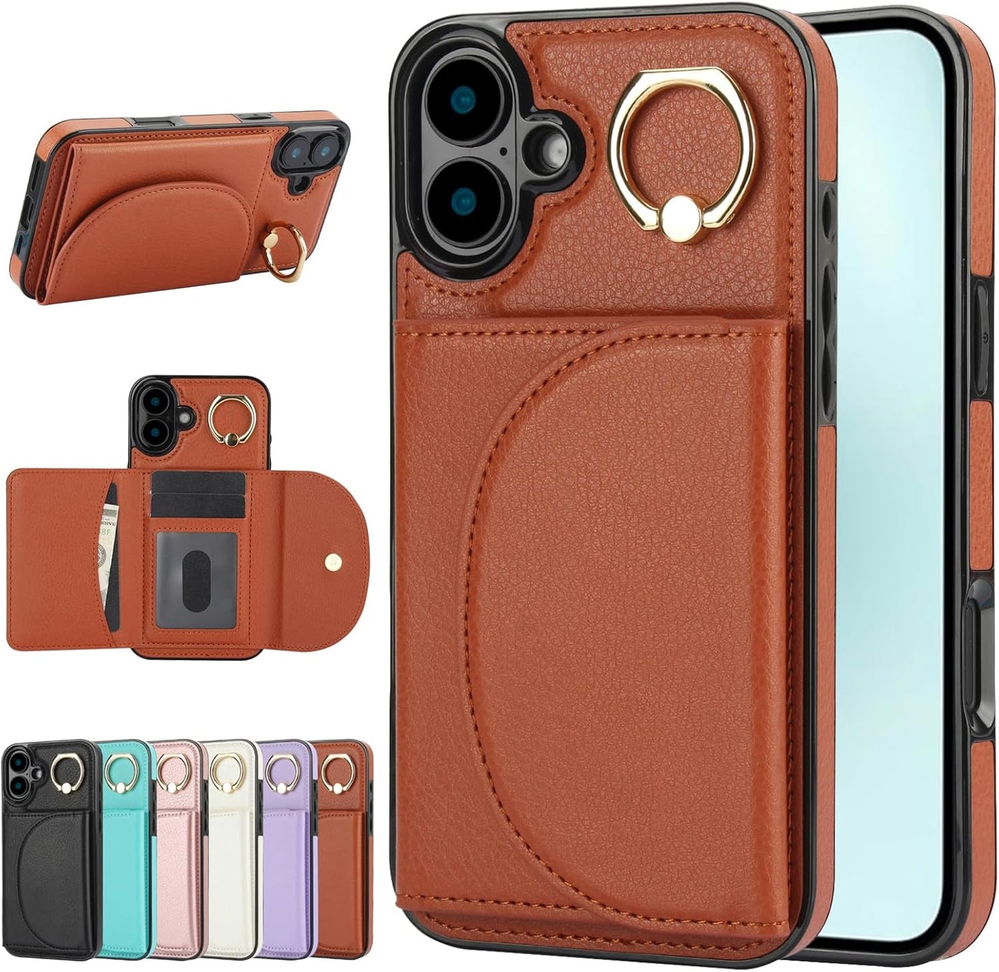 Tri-fold wallet case for iPhone 16 Plus, 360° rotating ring buckle stand, shockproof phone case coin purse card holder Black