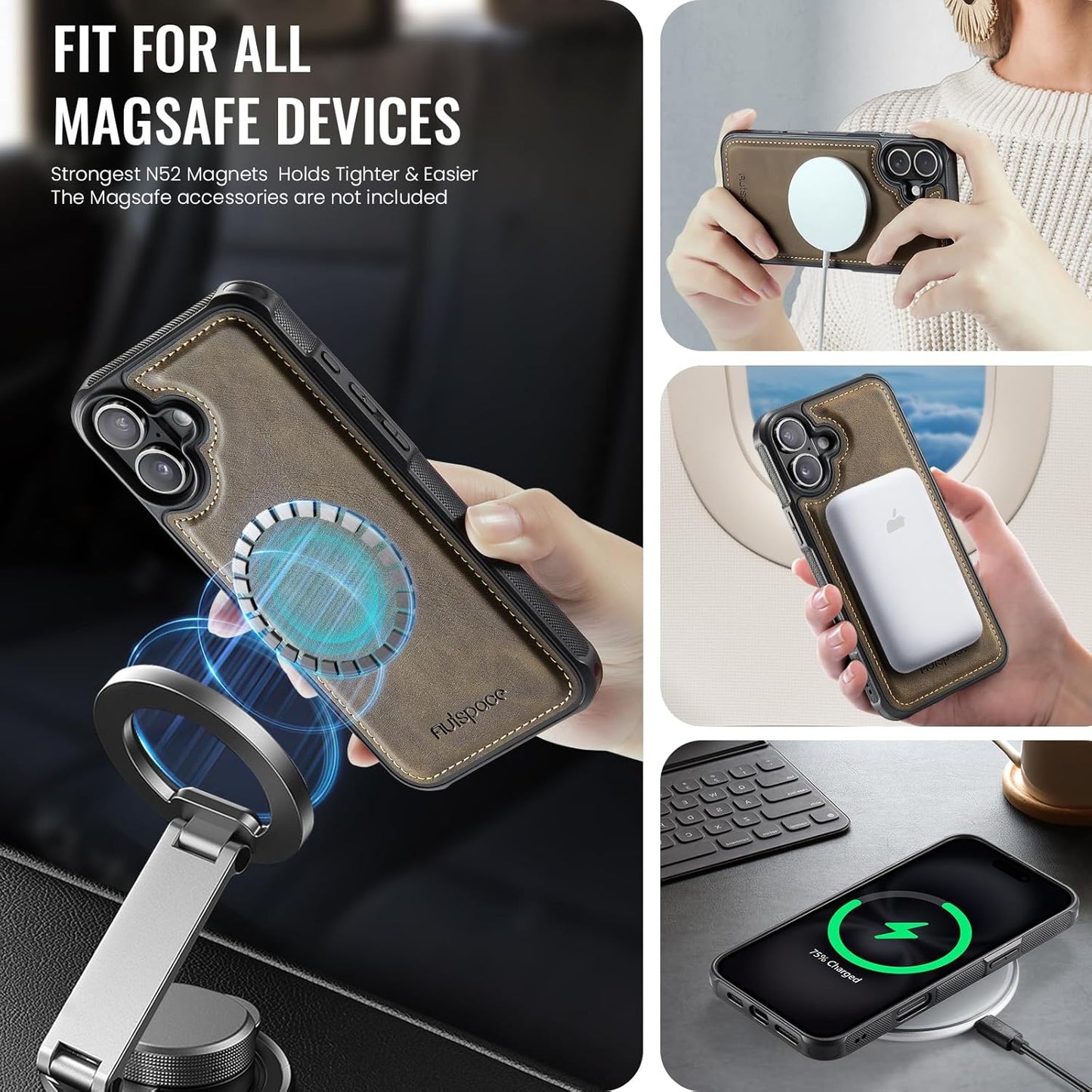 Double magnetic card holder mobile phone case for iPhone 16, RFID (anti-theft), supports car magnetic suction function + multi-directional bracket Blue