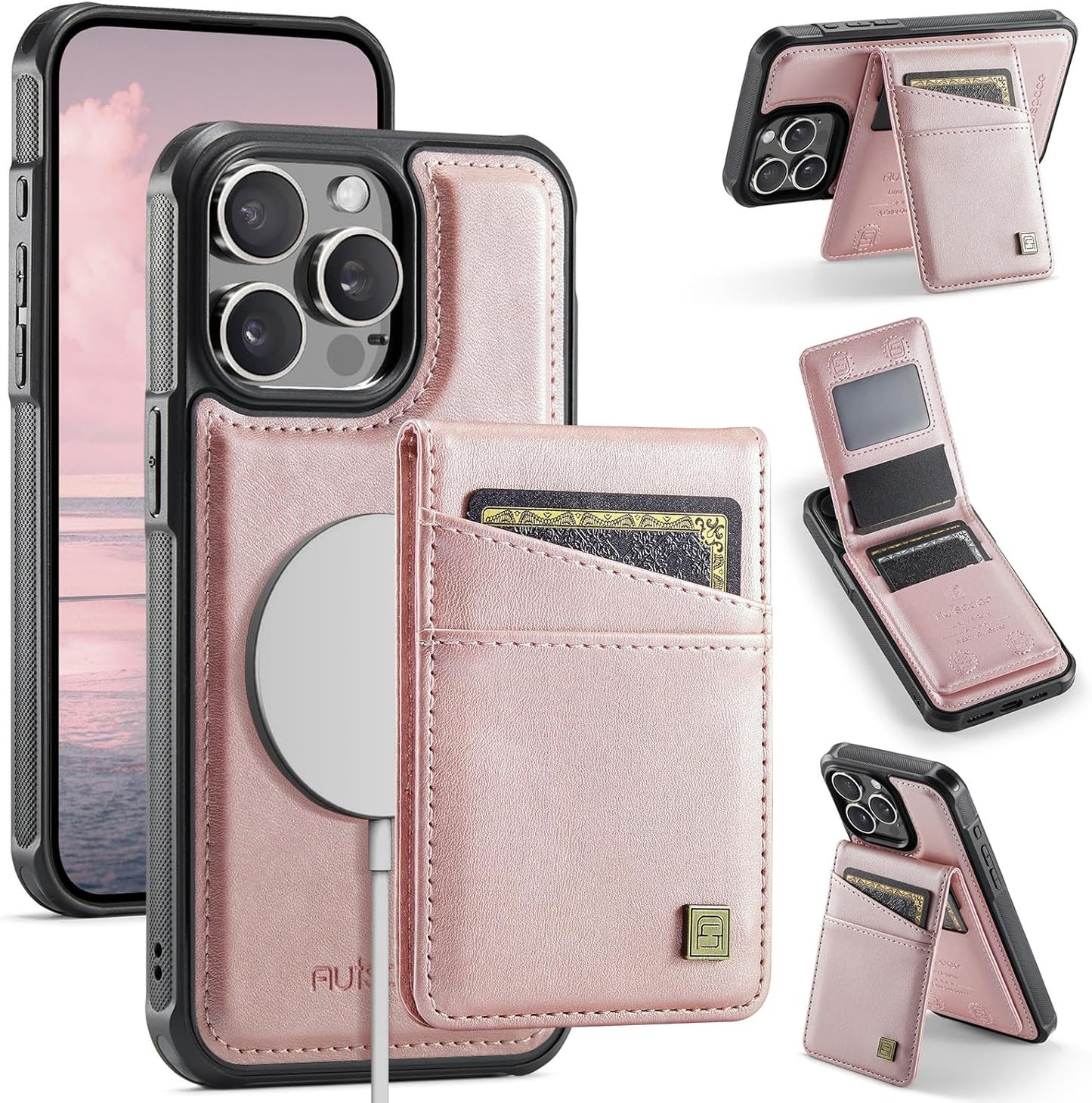 Up and down card holder mobile phone case suitable for iPhone 15 Pro max, RFID (anti-theft), supports car magnetic suction function, card slot wallet holder Black