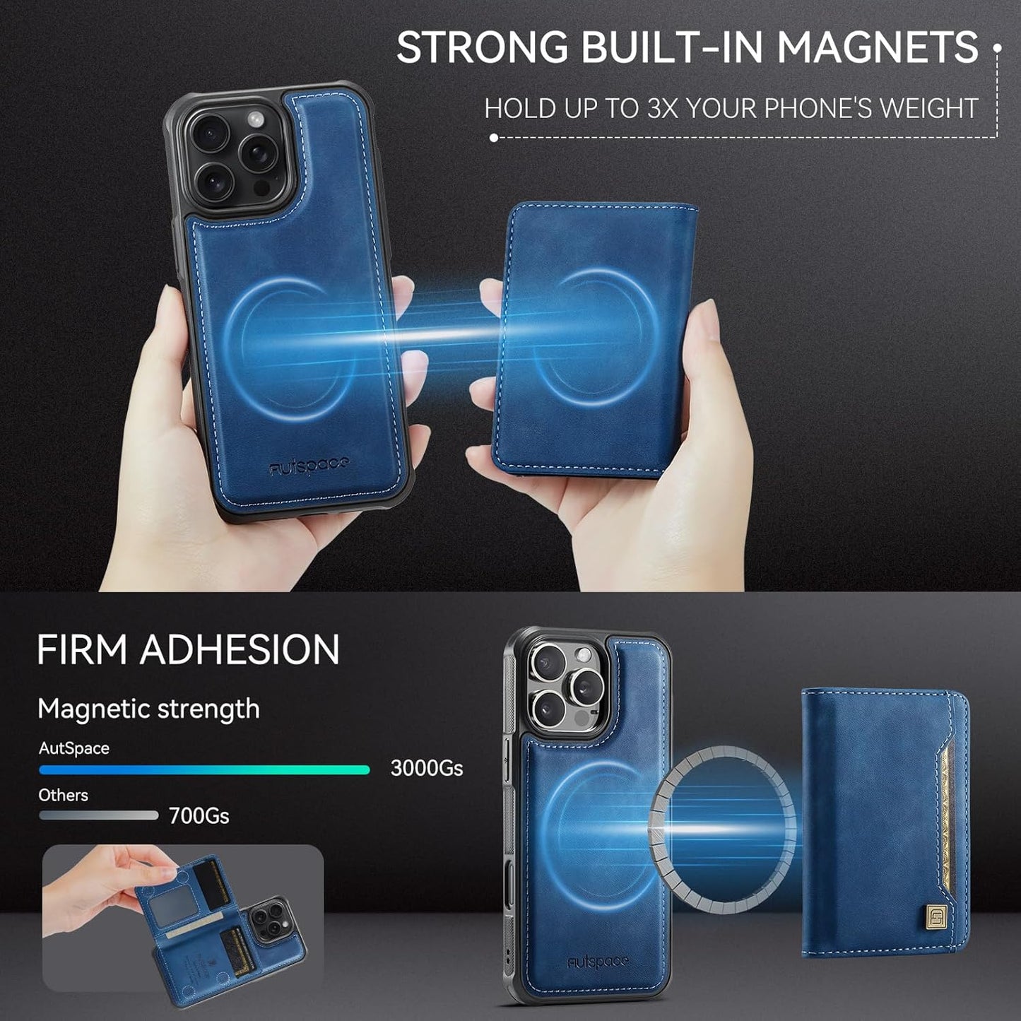 Double magnetic card holder mobile phone case for iPhone 16 Pro, RFID (anti-theft), supports car magnetic suction function + multi-directional bracket Blue