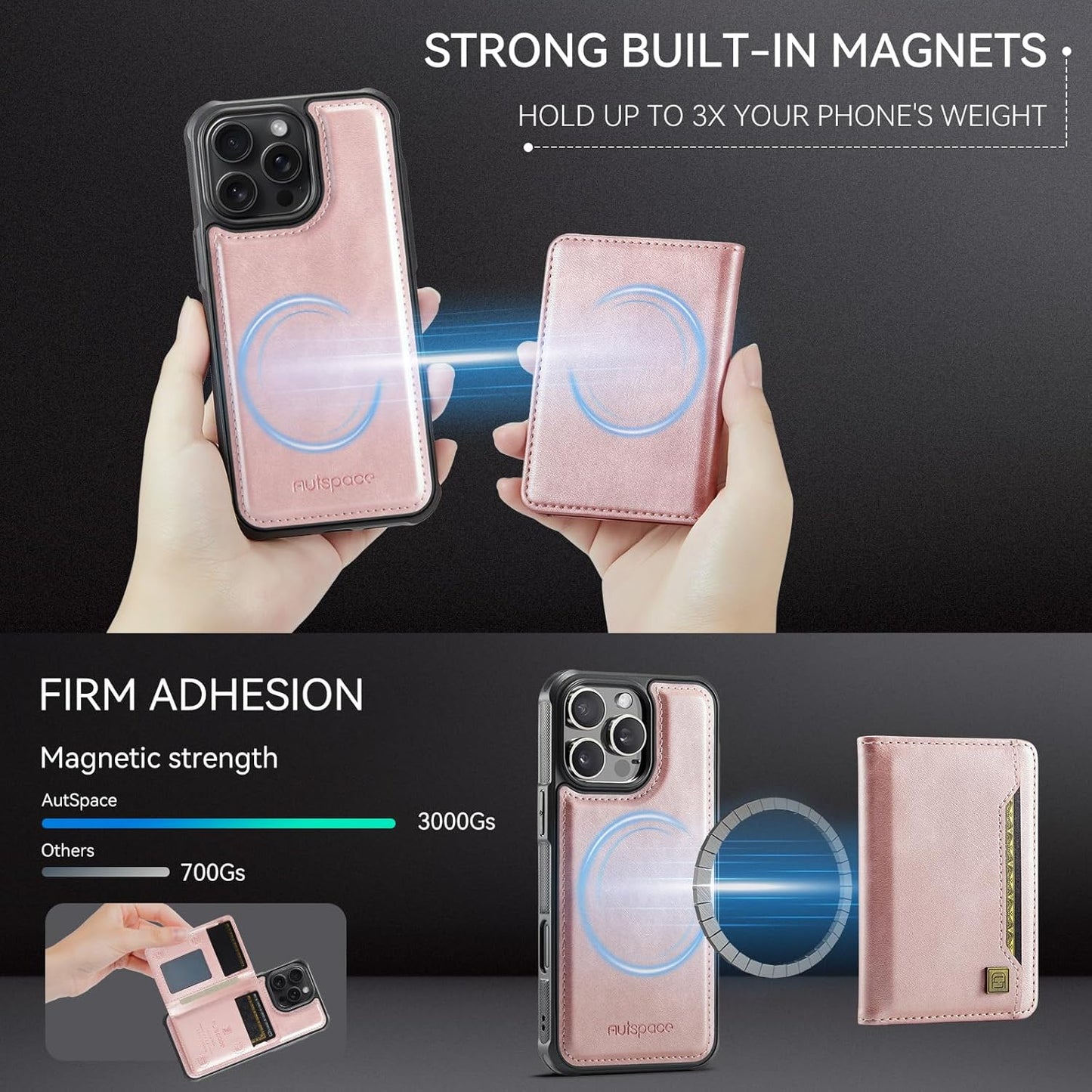 Double magnetic card holder mobile phone case for iPhone 16 Pro, RFID (anti-theft), supports car magnetic suction function + multi-directional bracket Blue