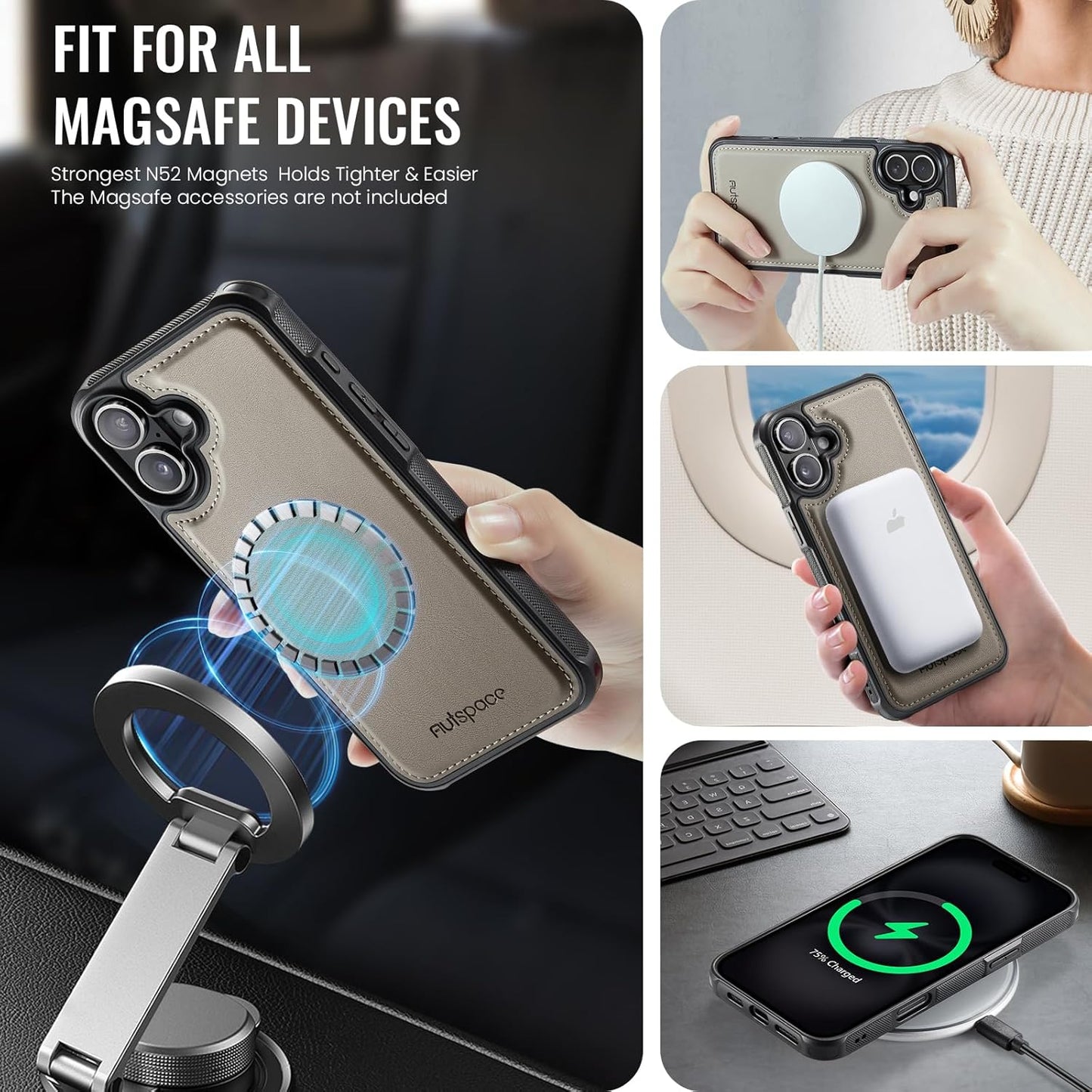 Double magnetic card holder mobile phone case for iPhone 16, RFID (anti-theft), supports car magnetic suction function + multi-directional bracket Blue