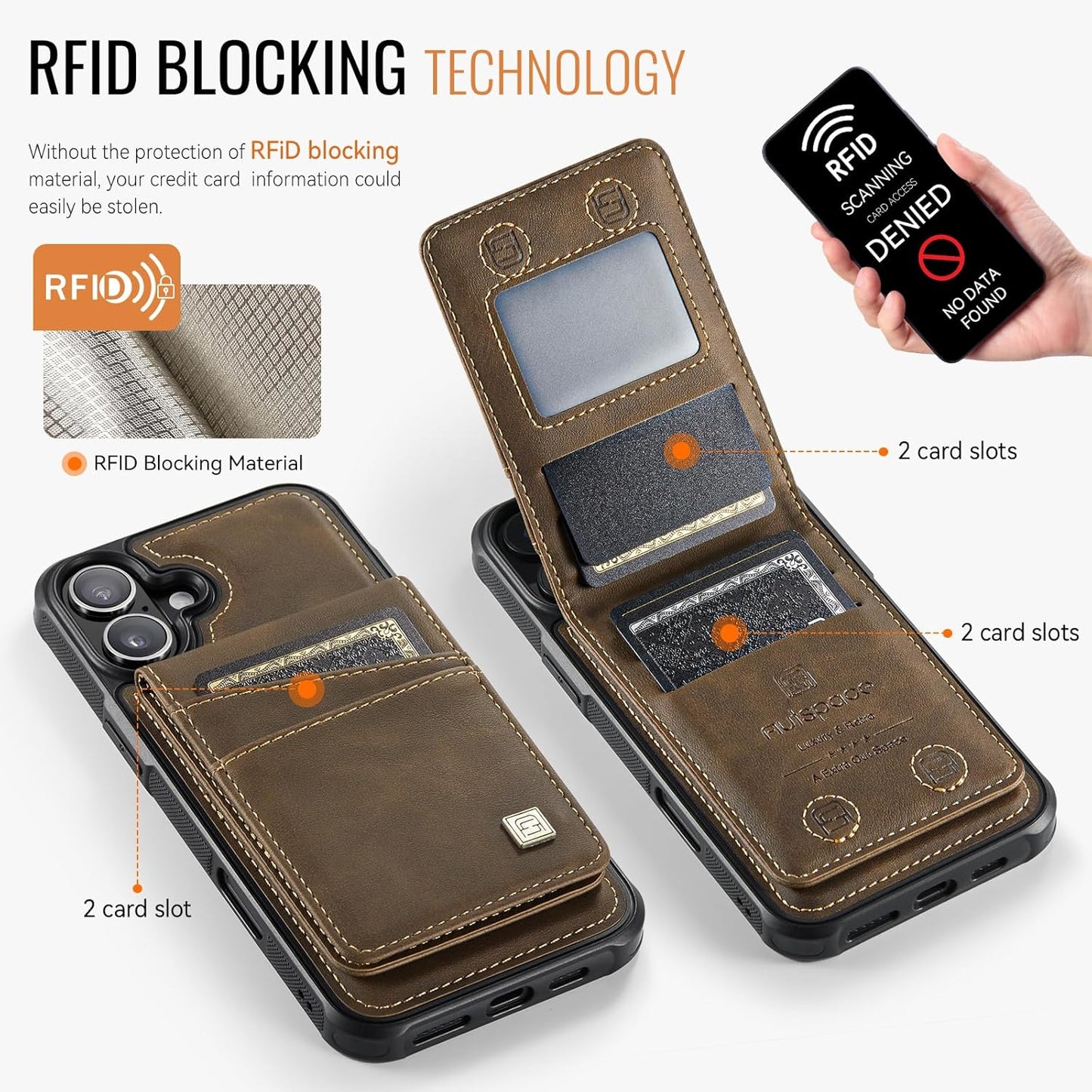 Up and down card holder mobile phone case suitable for iPhone 16 Plus, RFID (anti-theft), supports car magnetic suction function, card slot wallet holder Brown