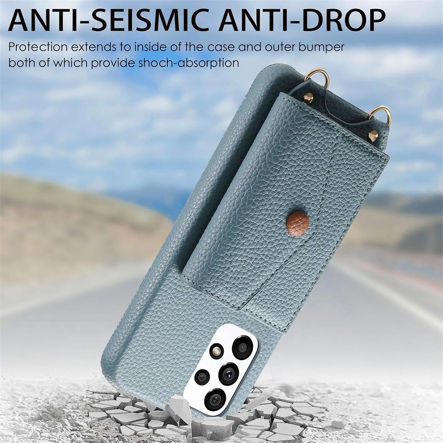 iTape Card Holder Wallet Phone Case for Samsung Galaxy A53 5G, Shockproof Ultra-thin Phone Case, Makeup Mirror with Crossbody Strap Gray