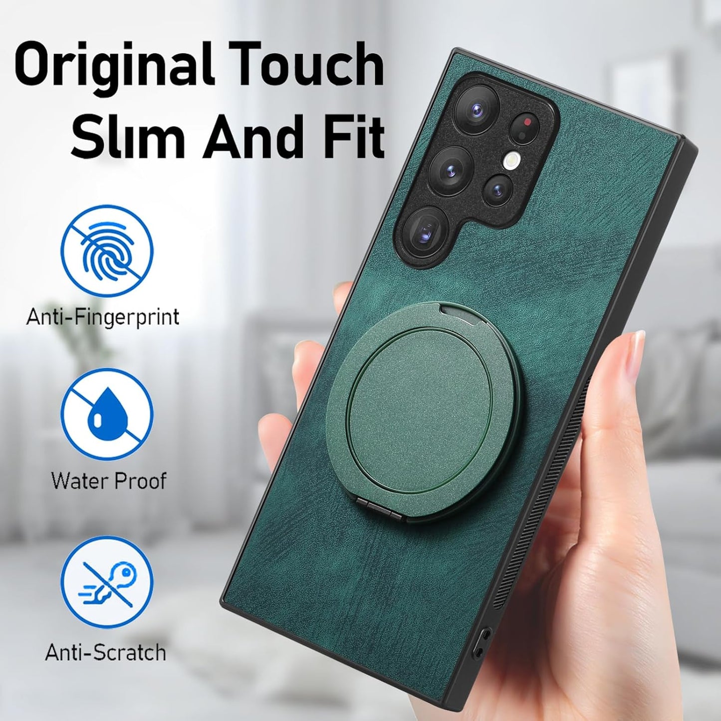 iTape Retro magnetic mobile phone case for Samsung Galaxy S25 Ultra, wireless charging magnetic car mount, round ring 360% rotating mount Green