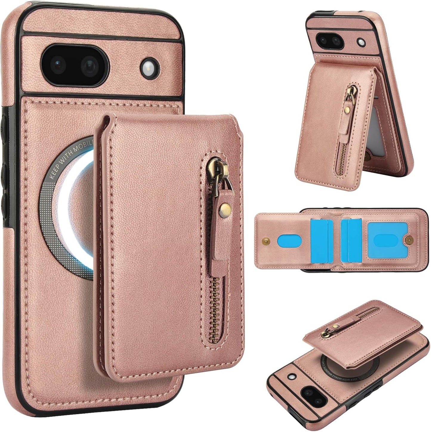 iTape Magnetic card holder phone case suitable for Google Pixel 8A, zipper magnetic split magnetic wallet with adjustable bracket Black