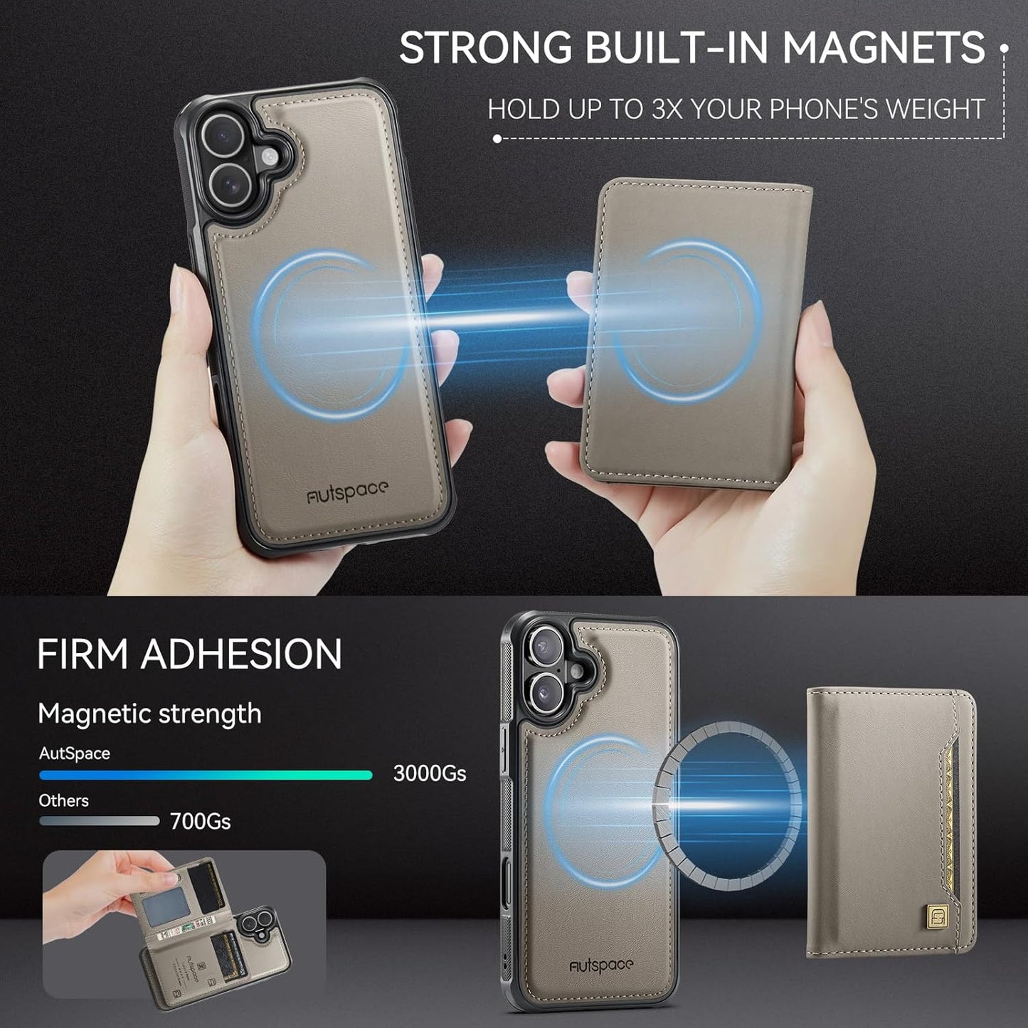 Double magnetic card holder mobile phone case for iPhone 16, RFID (anti-theft), supports car magnetic suction function + multi-directional bracket Blue