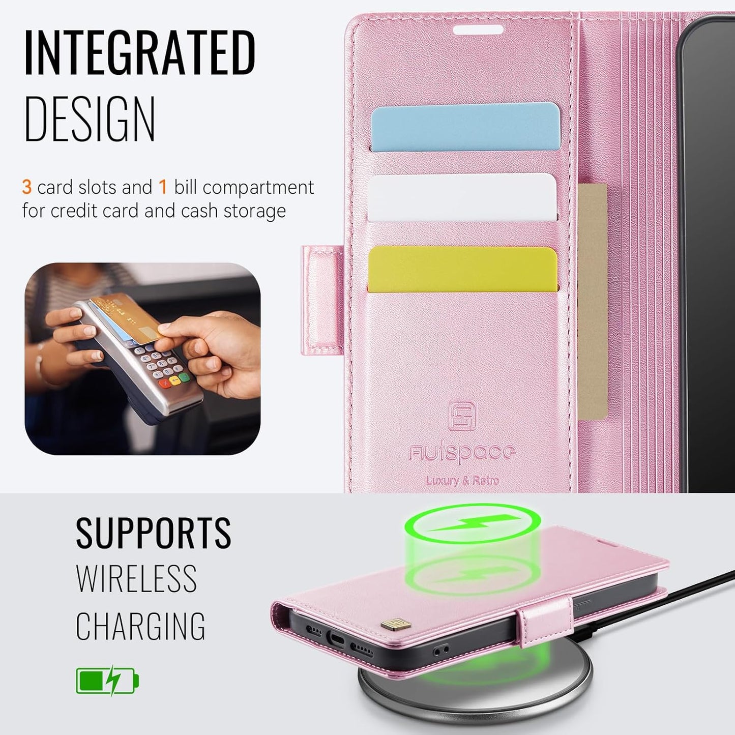 Soft leather wallet case for iPhone 15 Pro max, RFID (anti-theft), wallet card slot flip cover stand for iPhone 15 Pro max Support wireless charging Rose Gold