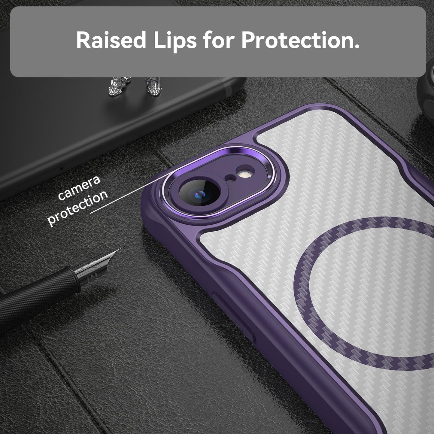 Magnetic carbon fibre case for iPhone 16E, support wireless charging, carbon fibre shockproof slim case Purple