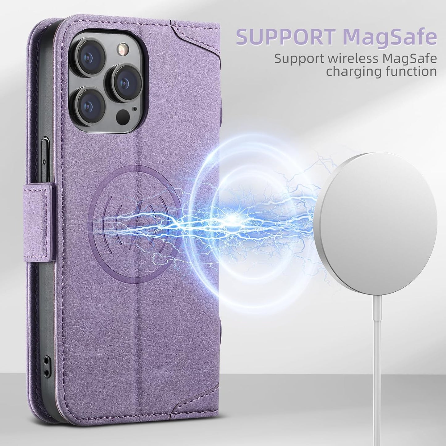 Wallet Case for iPhone 13 Pro Magsafe Charger Compatible, Magnetic Buckle Leather Case, Card Slot Stand Shock Cover Black