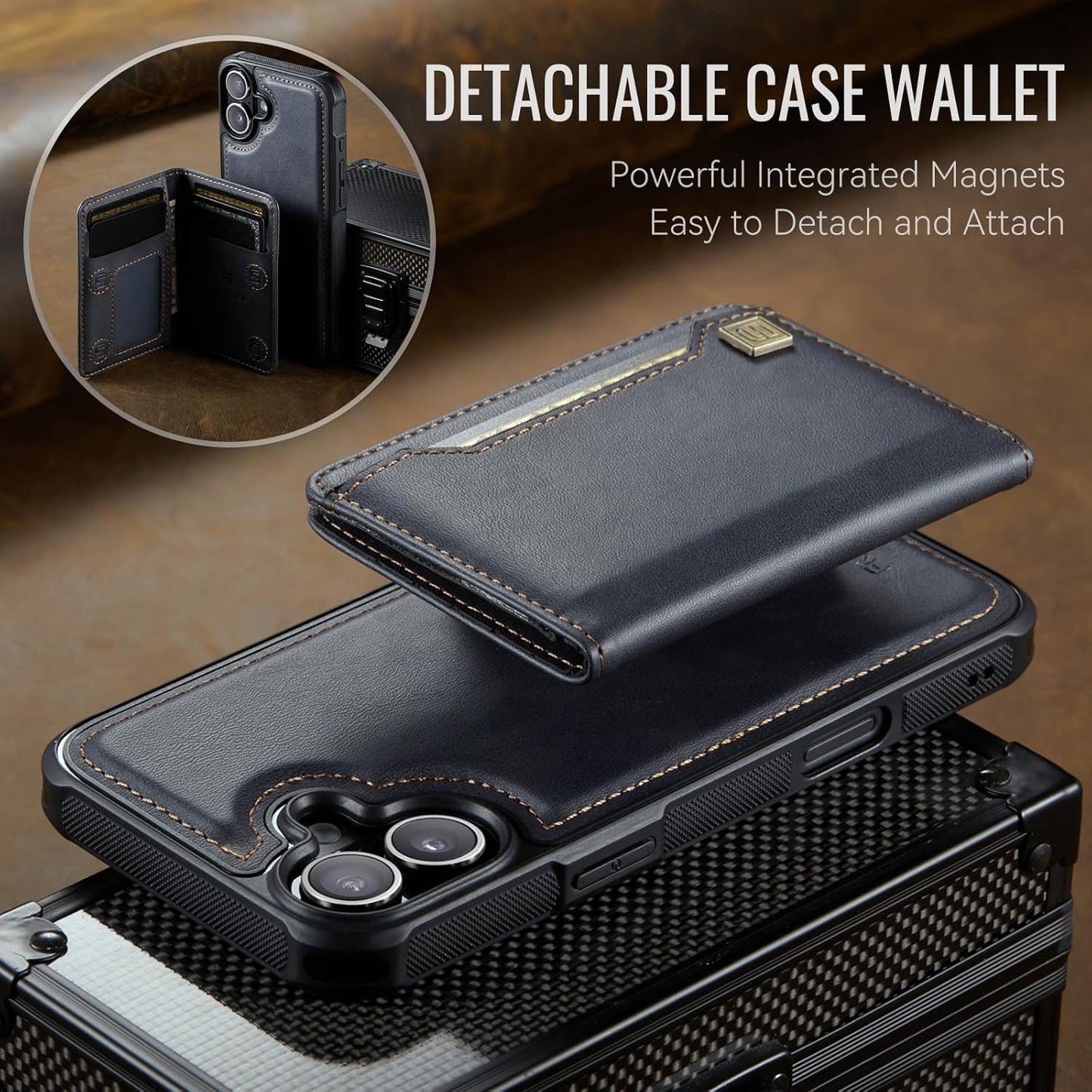 Double magnetic card holder mobile phone case for iPhone 16, RFID (anti-theft), supports car magnetic suction function + multi-directional bracket Blue